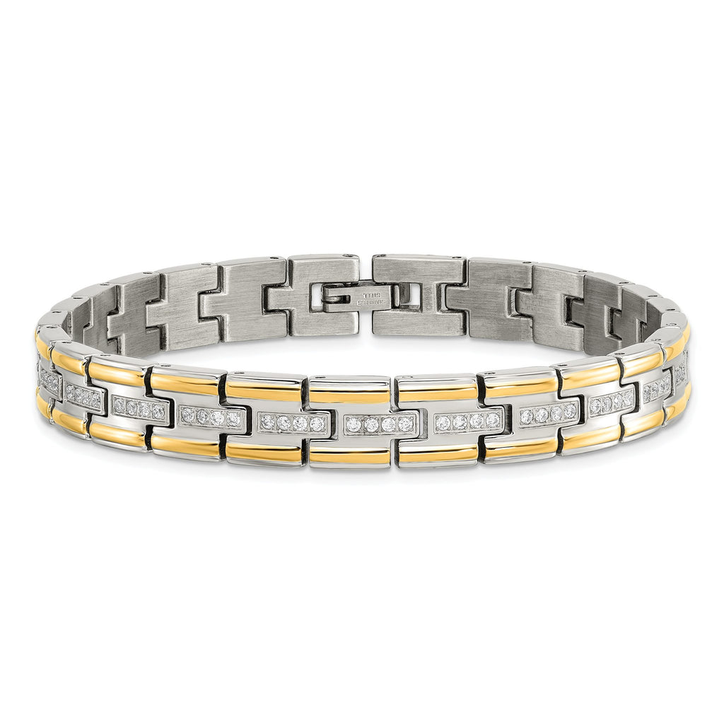 Stainless Steel Polished Yellow IP-plated with Cubic Zirconia Link Bracelet for Men