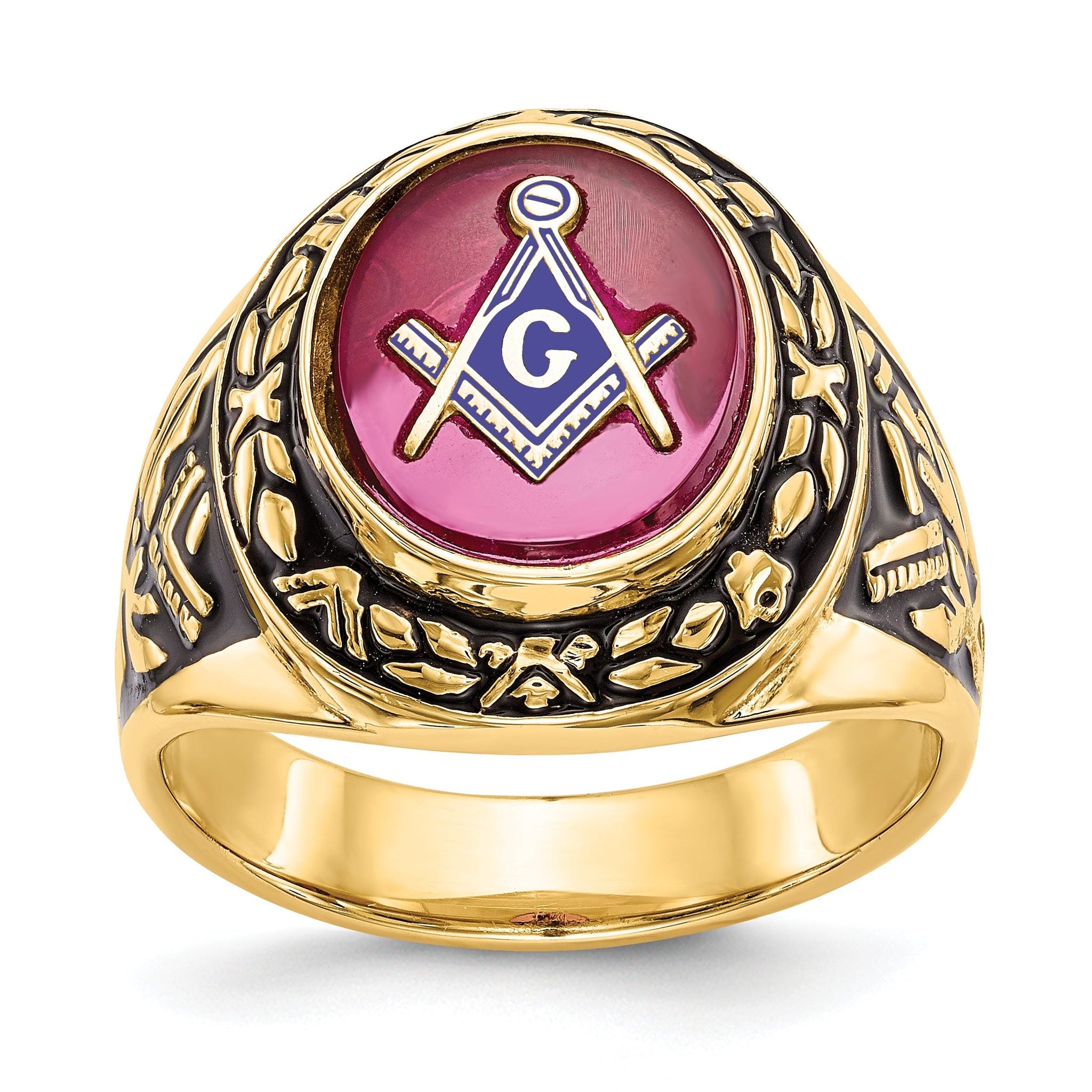 14k Men's Polished, Antiqued and Textured with Lab Created Ruby Masonic Ring Main image