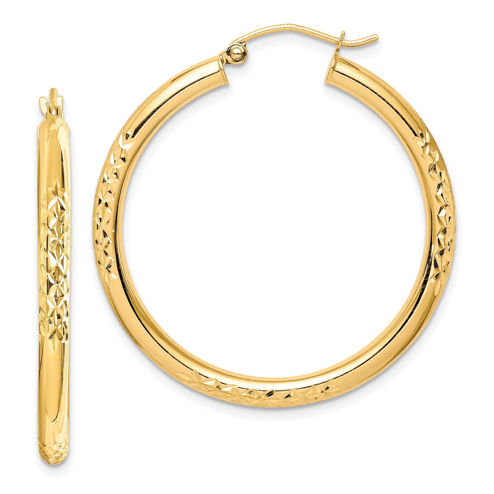 10K Diamond Cut 3x35mm Hollow Tube Hoop Earrings Main image