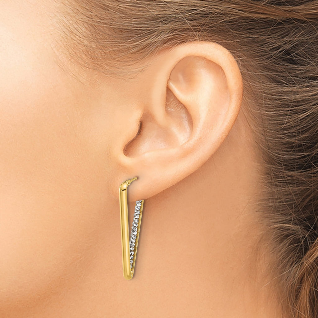 14K Polished with Crystal Triangle Hoop Earrings