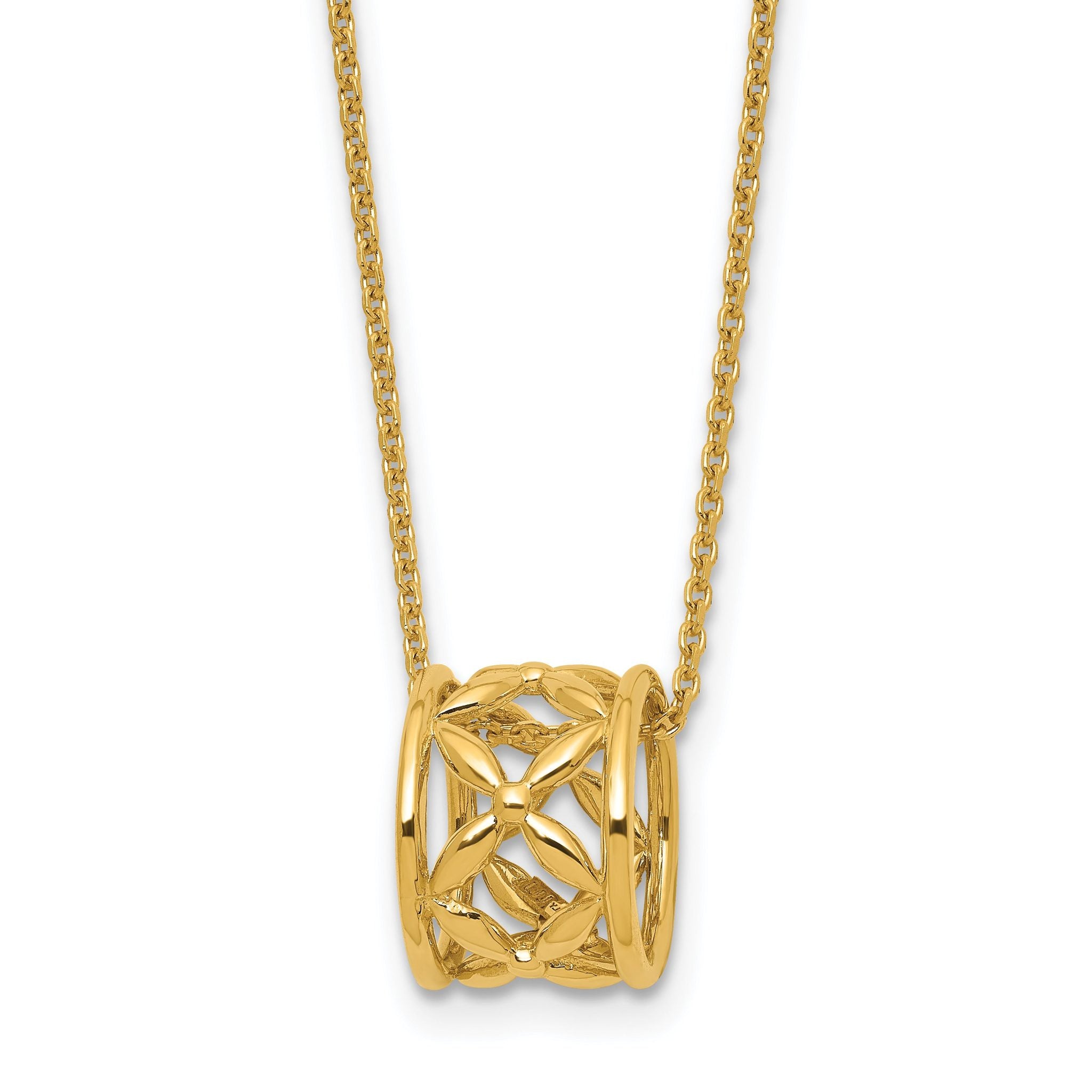 14K Polished Floral Bead with 1 Inch Ext. Necklace