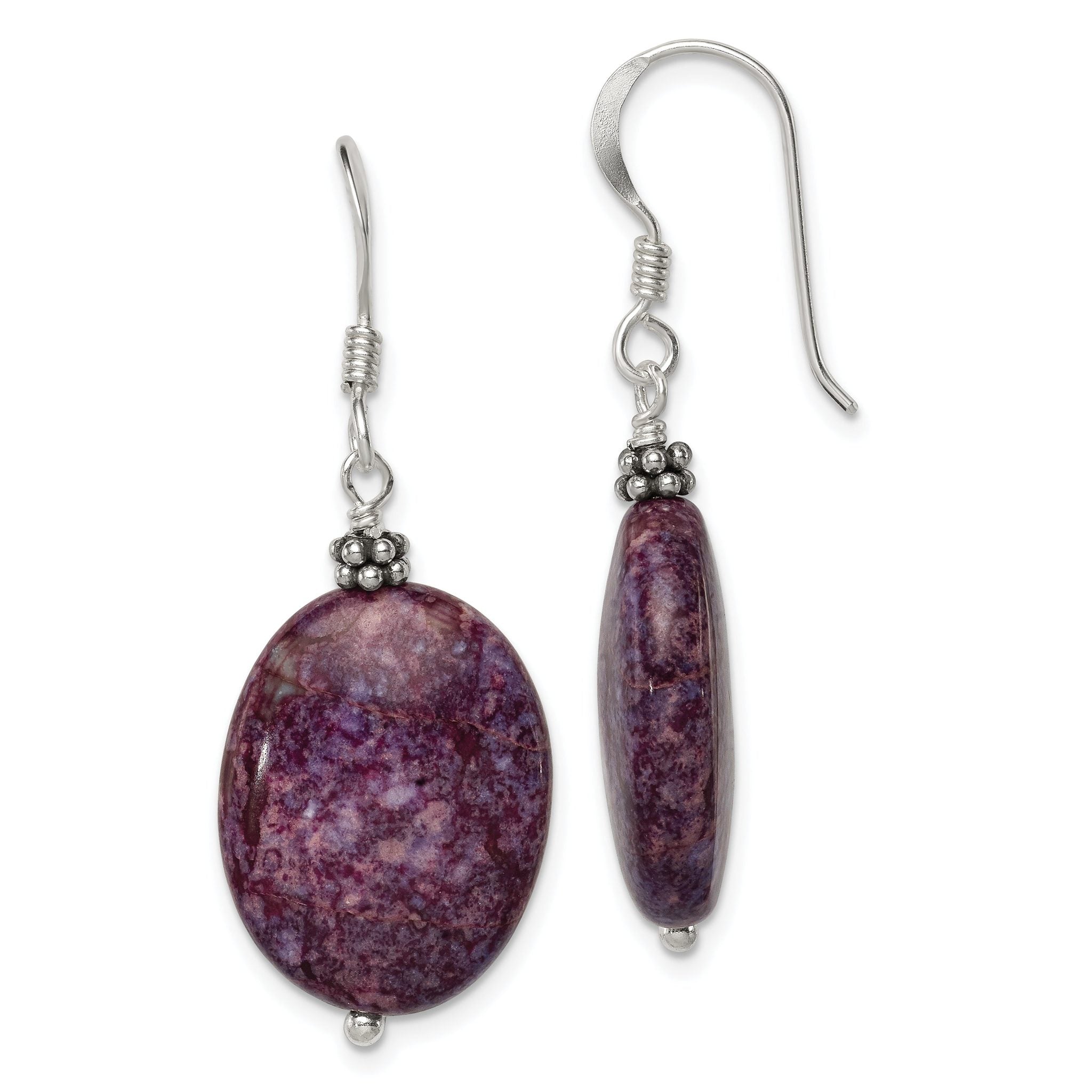 Sterling Silver Polished & Beaded Purple Charoite Oval Dangle Earrings Main image