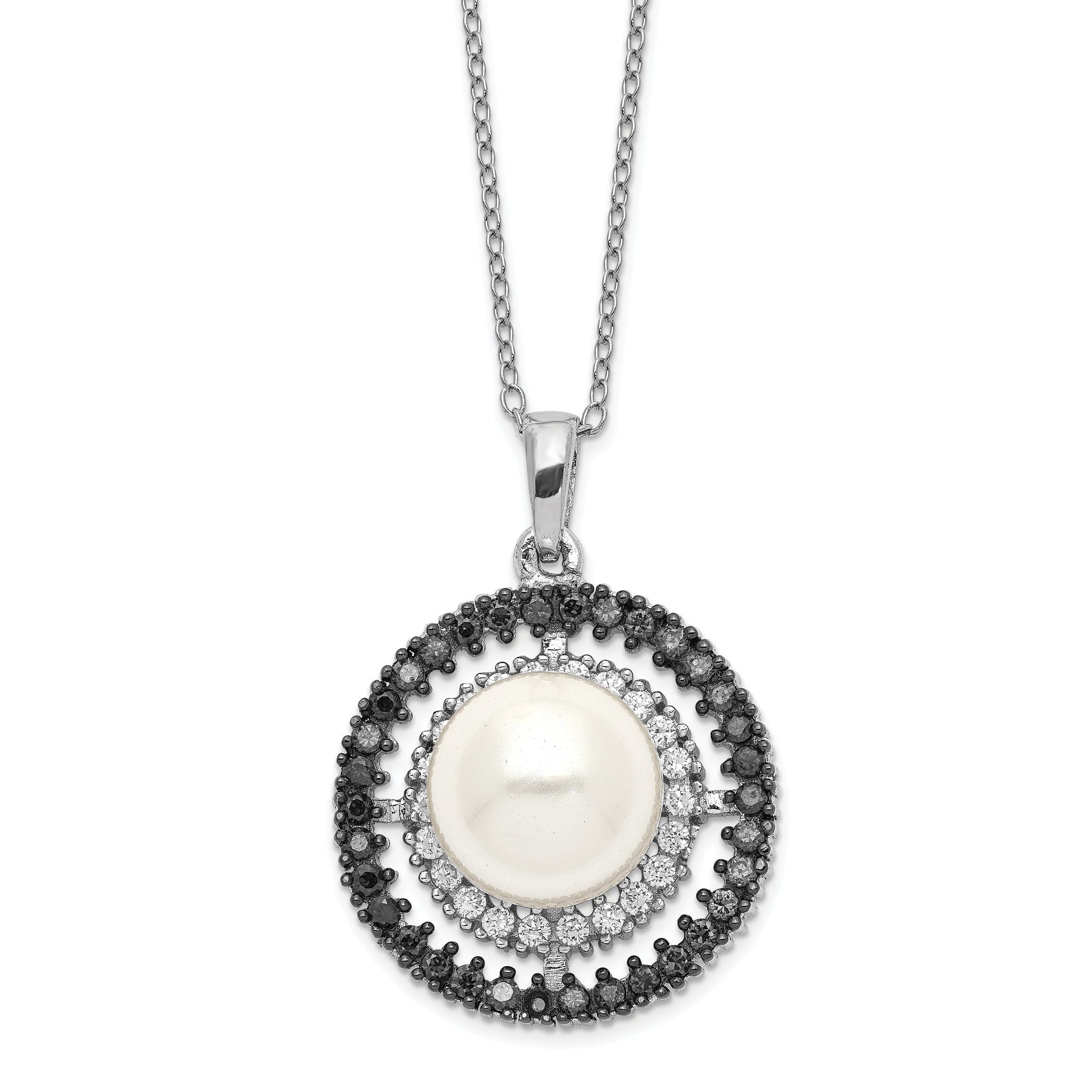 Sophia Jewelers Sterling Silver Rhodium-Plated CZ Shell Pearl Necklace 17