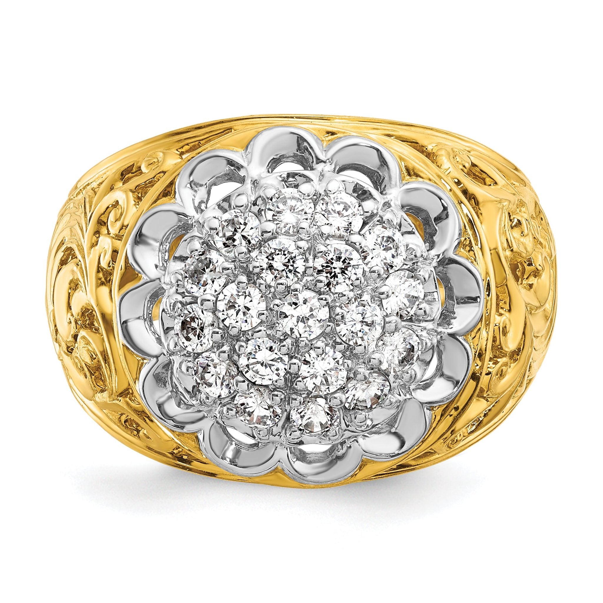 10k Two-tone Men's Polished Filigree 1 Carat AA Quality Diamond Round Cluster Ring Mounting (No Stone Included) (No Stones Included)