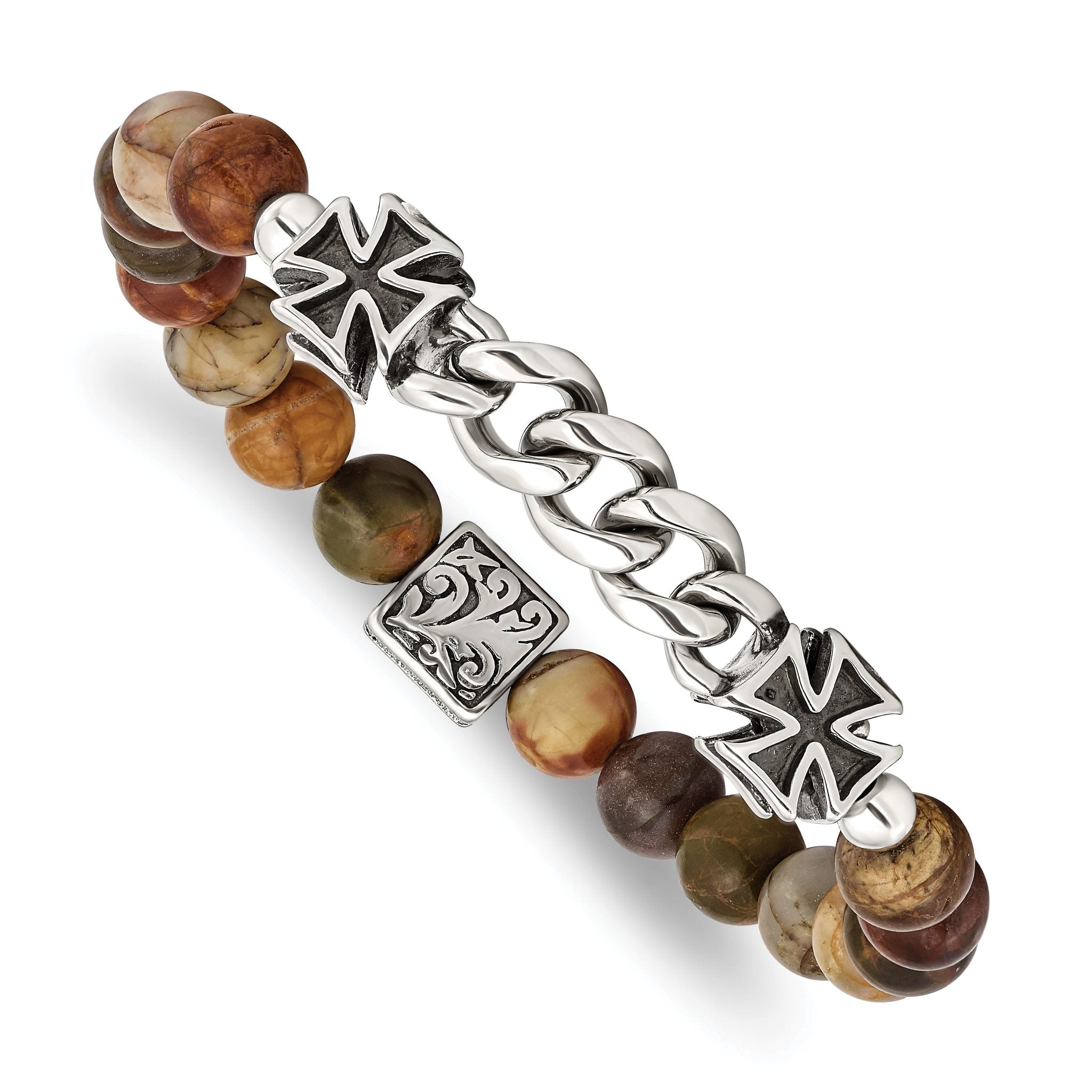 Stainless Steel Antiqued and Polished Cross 8mm Natural Turquoise Beaded Stretch Bracelet Main image