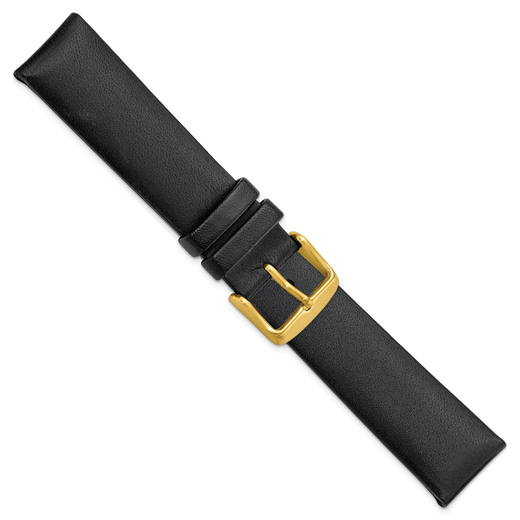 20mm Black Padded No-Stitch Calfskin Leather with Gold IP-plated Stainless Steel Buckle 7.5 inch Watch Band