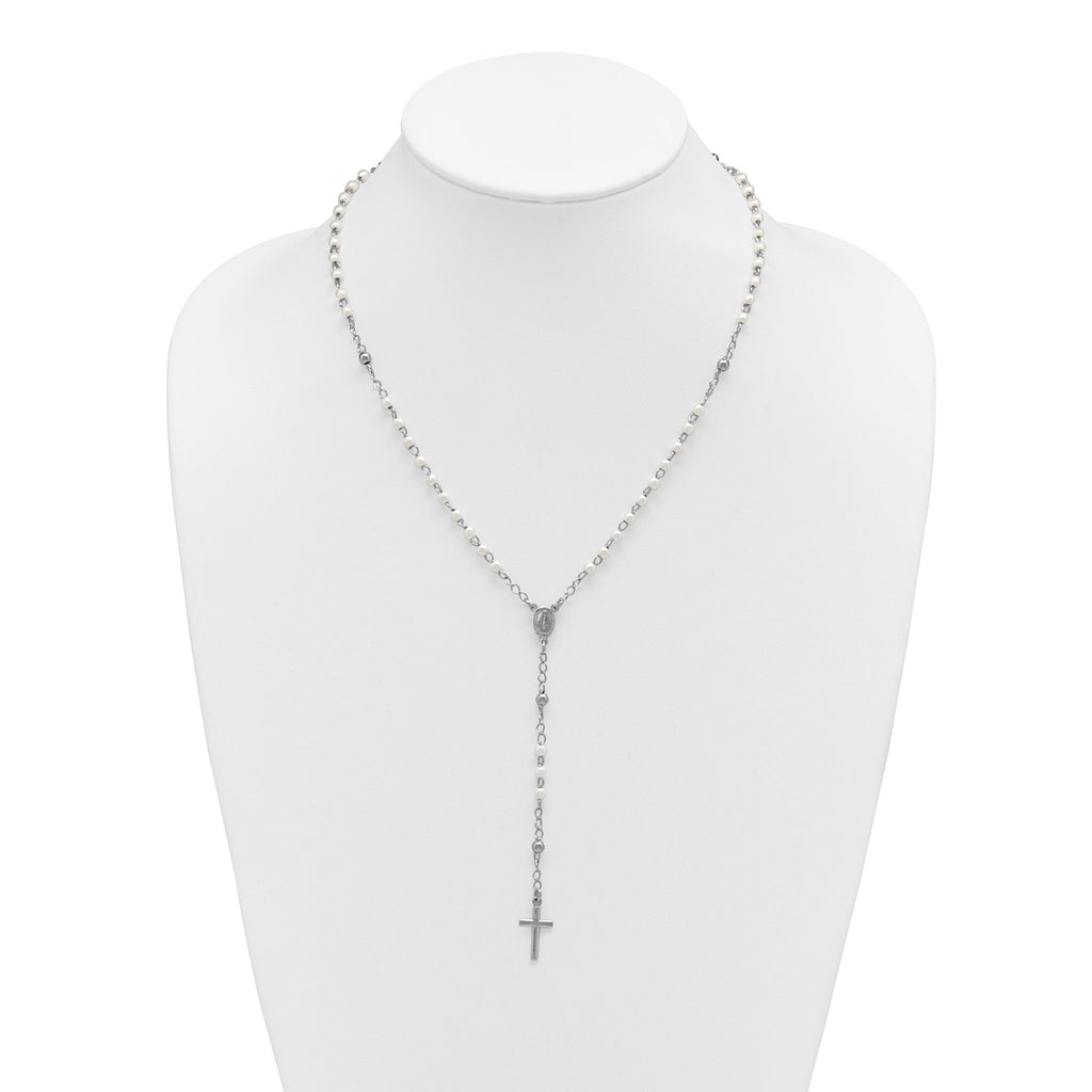 Sterling Silver Rhodium-plated Plastic Imitation Pearl 19.75 inch with 1 inch extender Rosary Necklace