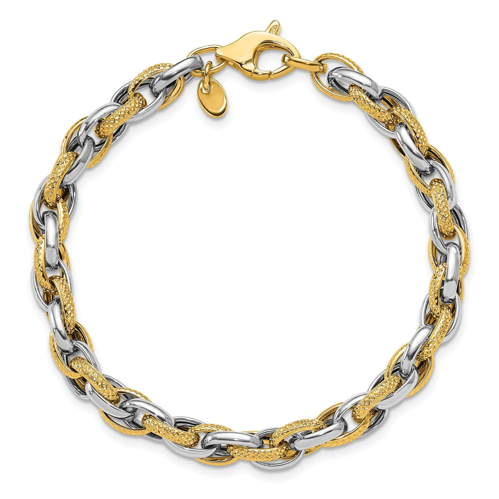 14K Two-tone Polished and Textured Fancy Link Bracelet