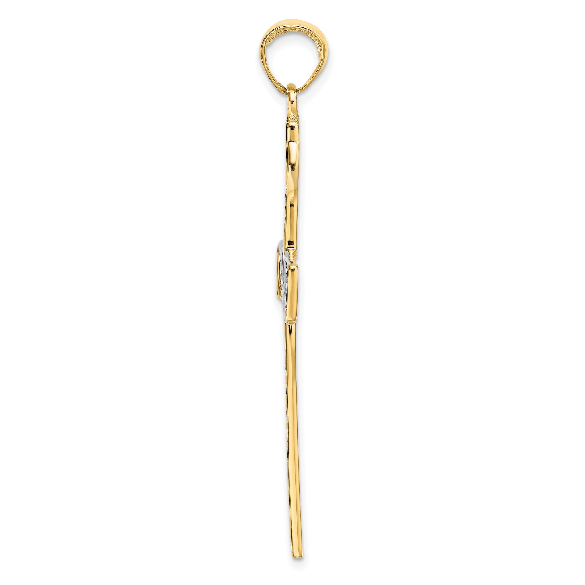 14K Gold & Rhodium Faith Hope Love Believe Cross Pendant  Polished Solid Design