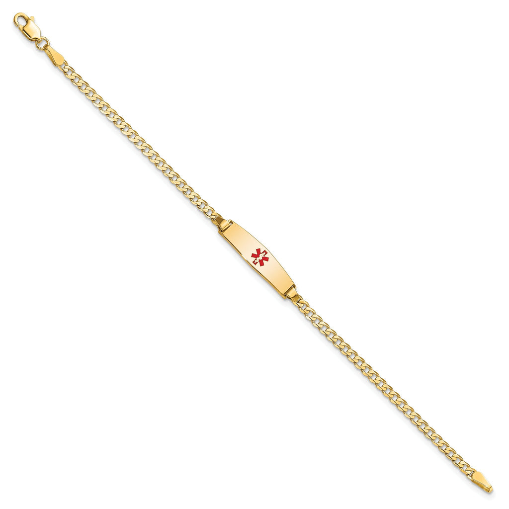 14k Medical Solid Chain/Solid Plate 20x5mm Soft Diamond Shape Centered Red Enamel Curb Link 7 inch ID Bracelet