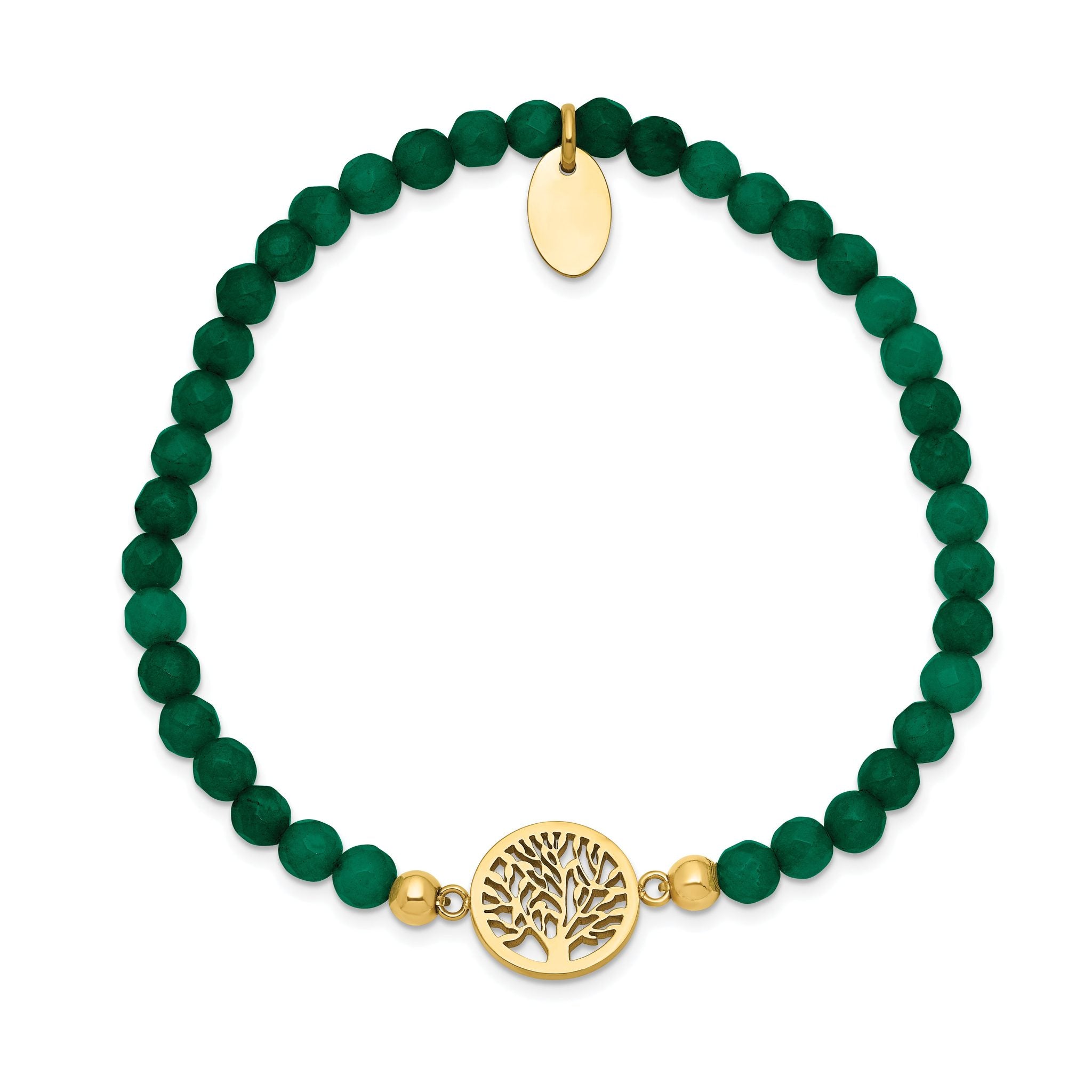 Stainless Steel Polished Yellow IP-plated Tree of Life 4mm Green Jade Beaded Stretch Bracelet for Women Secondary image