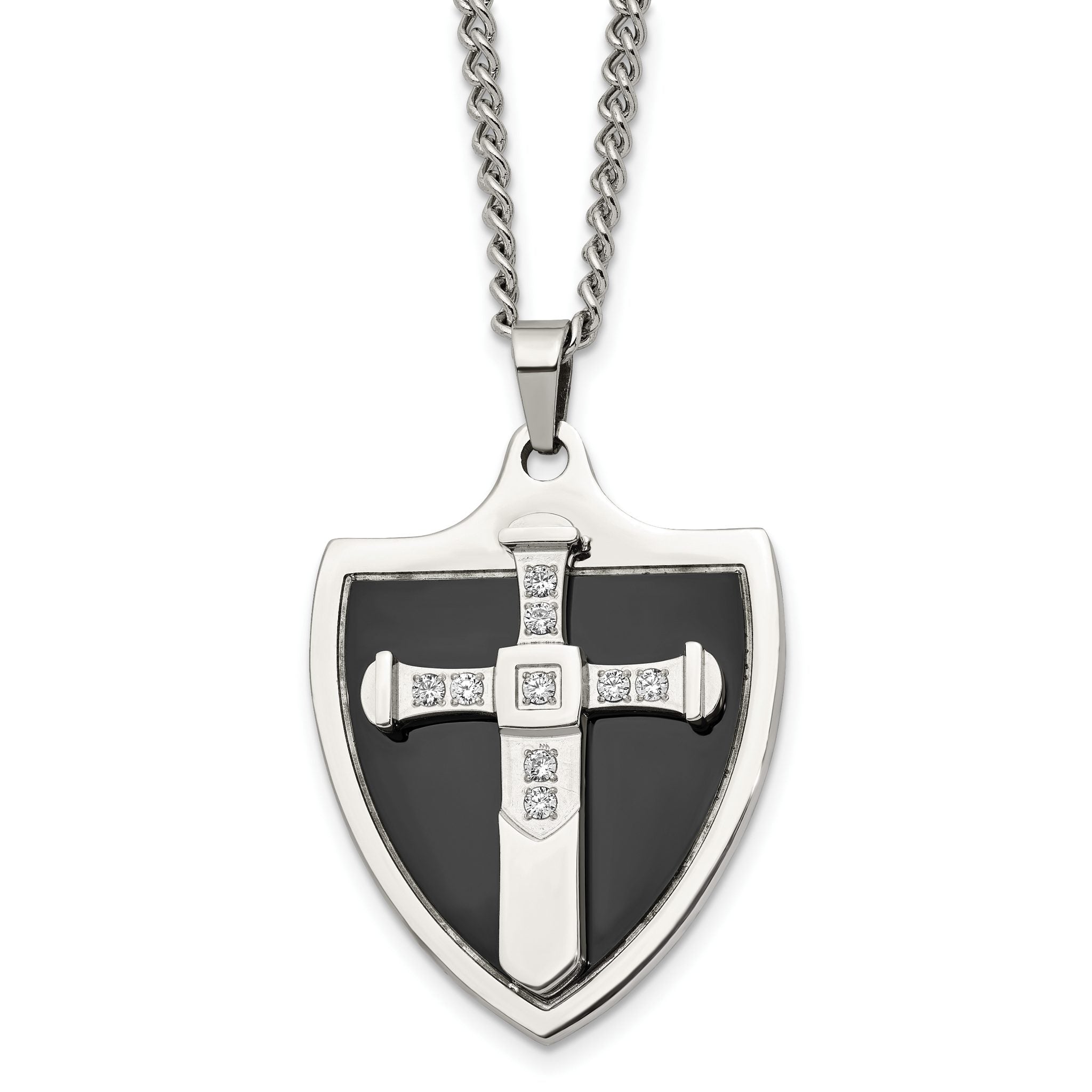 Chisel Stainless Steel Polished Black IP-plated with CZ Cross Shield Pendant on a 24 inch Curb Chain Necklace Main image