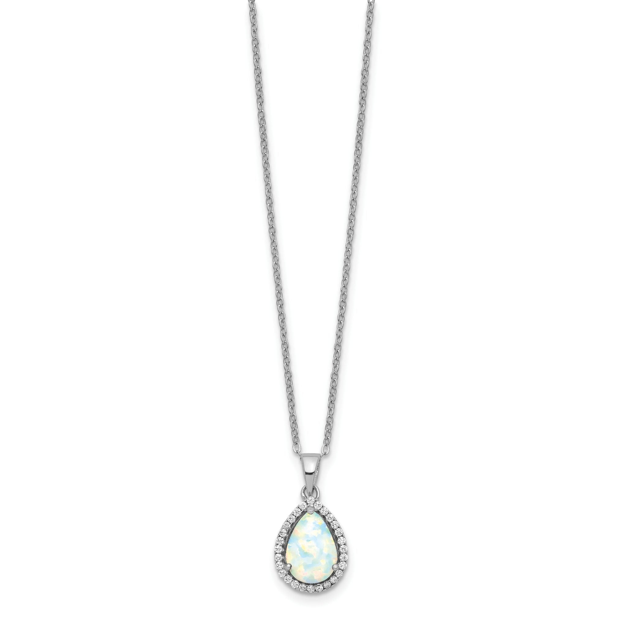 Sterling Silver Rhodium Polished Simulated Opal & CZ Necklace Secondary image