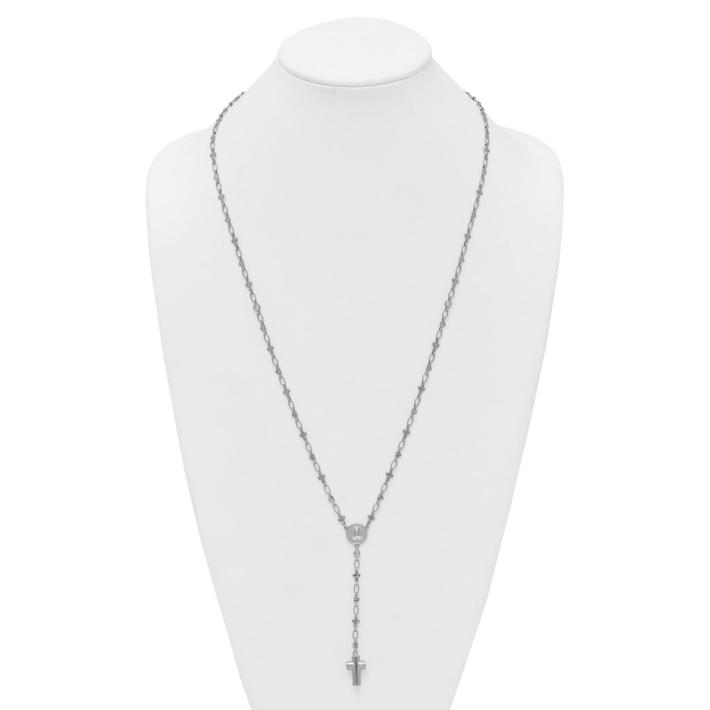Sterling Silver Rhodium-plated CZ and Diamond-cut Heart and Cross Link with Cross Ash Holder 28.5 inch Rosary Necklace