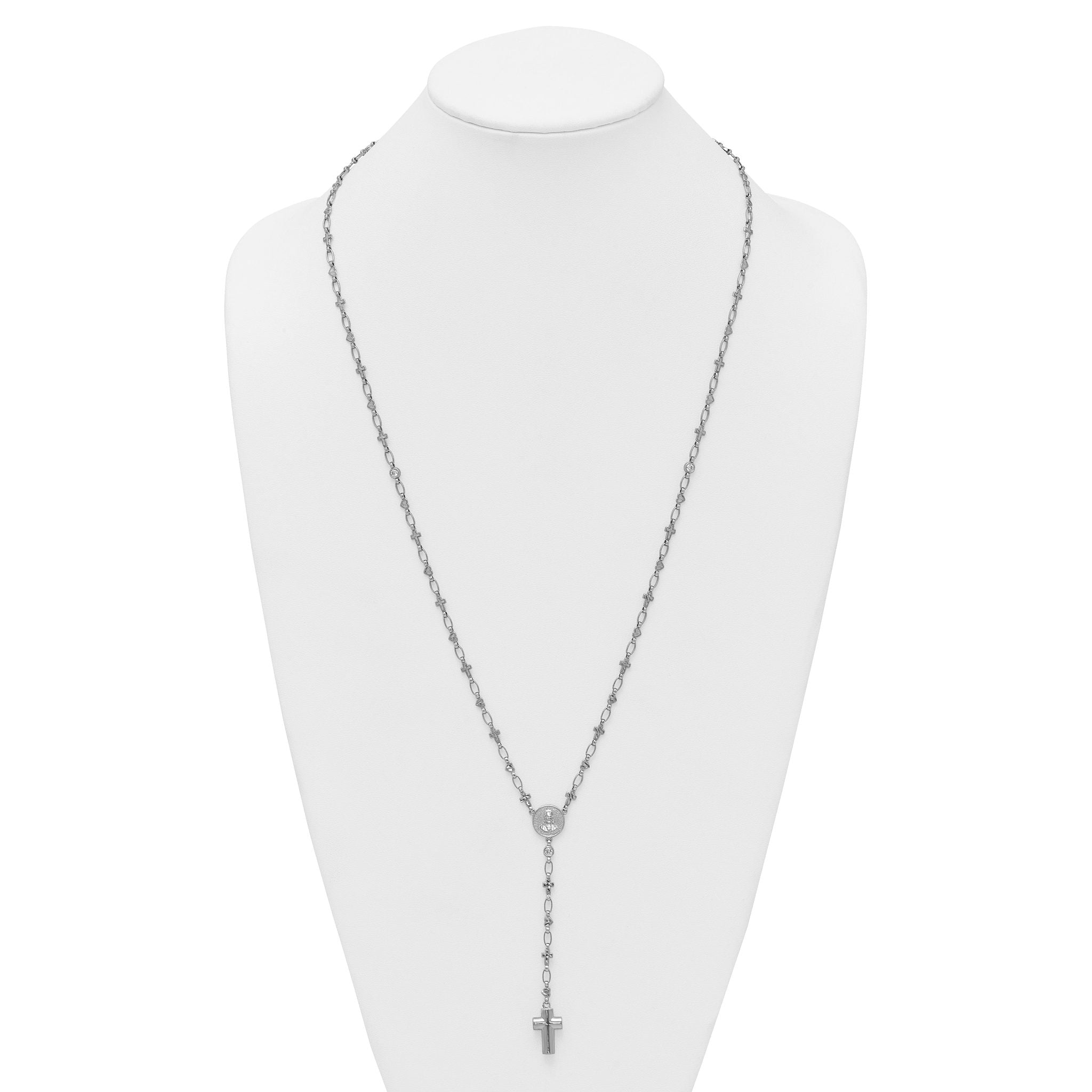 Sterling Silver Rhodium-plated CZ and Diamond-cut Heart and Cross Link with Cross Ash Holder 28.5 inch Rosary Necklace