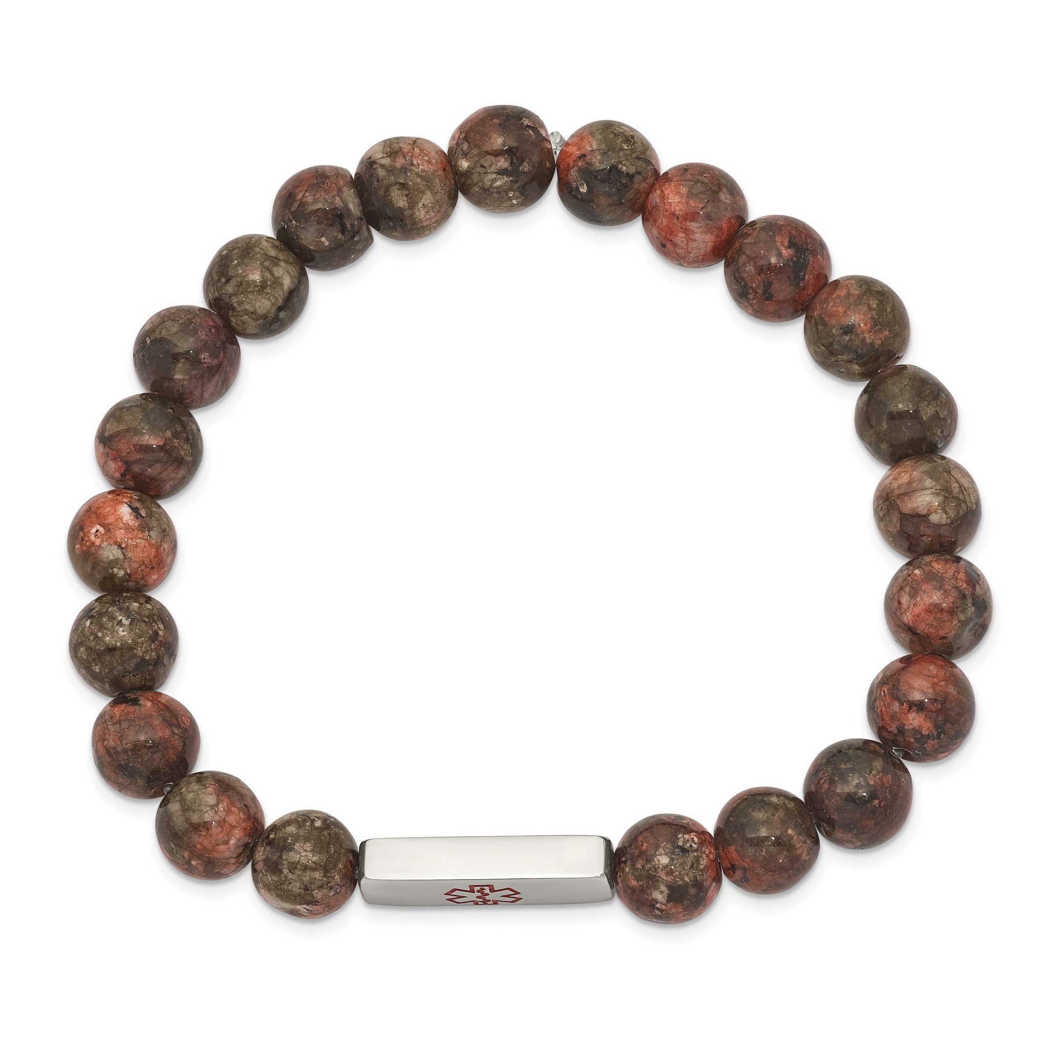Stainless Steel Polished with Red Enamel Medical ID 8.5mm Poppy Jasper Beaded Stretch Bracelet Secondary image