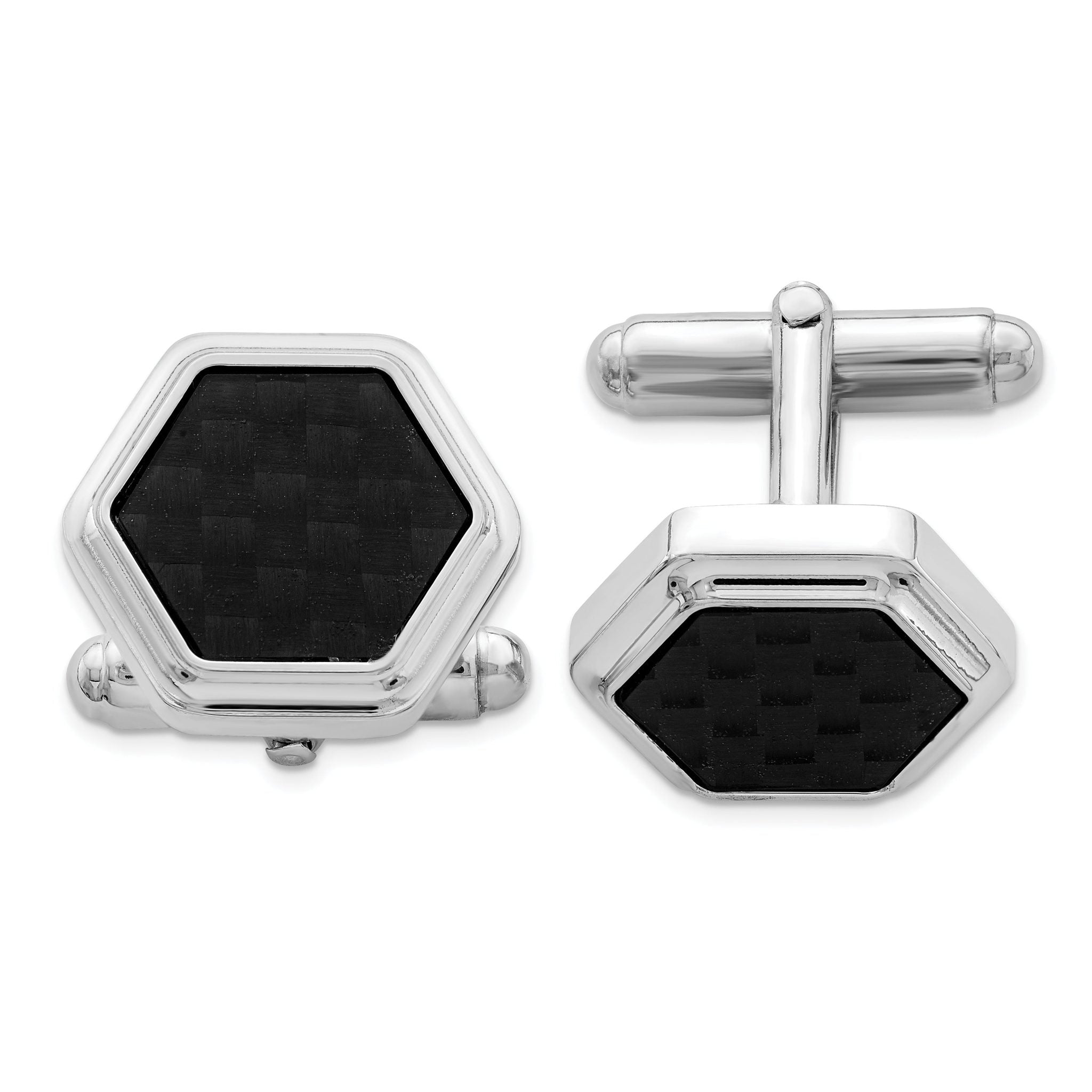 Rhodium-Plated Sterling Silver Black Carbon Fiber Cuff Links Main image