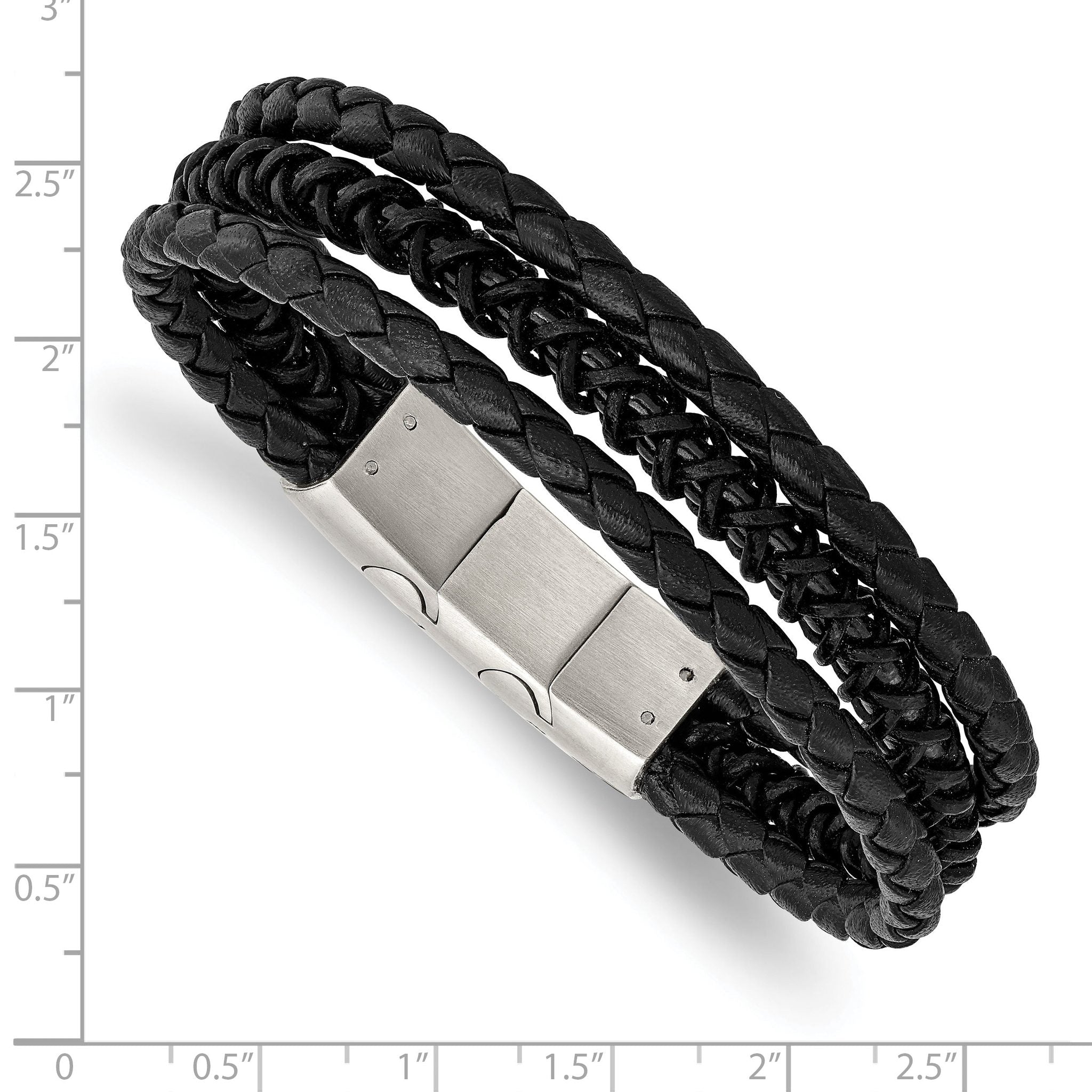 Stainless Steel Brushed and Polished Black IP-plated Multi Strand Black Leather Bracelet with . Extension