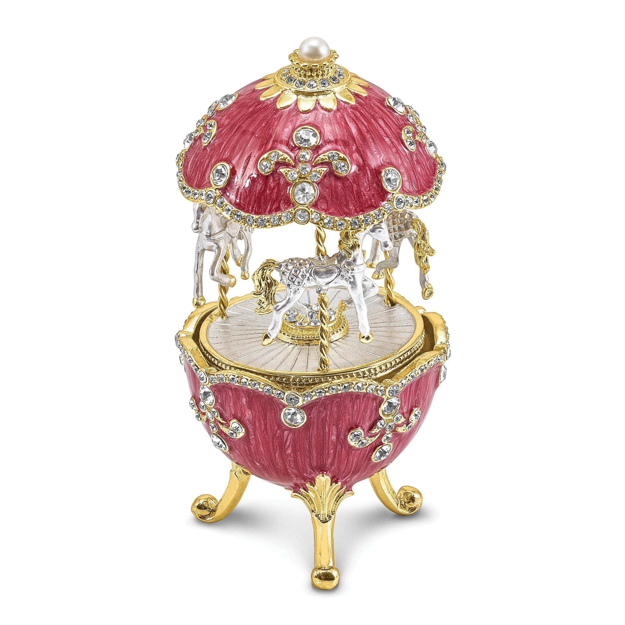 Luxury Giftware Pewter Bejeweled Crystals Gold-tone Enameled CAROUSEL (Plays It's a Small World) Musical Egg Figurine with Matching 18 Inch Necklace Main image