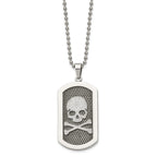 Chisel Stainless Steel Brushed and Polished Laser Cut Skull and Crossbones Dog Tag on a 24 inch Ball Chain Necklace