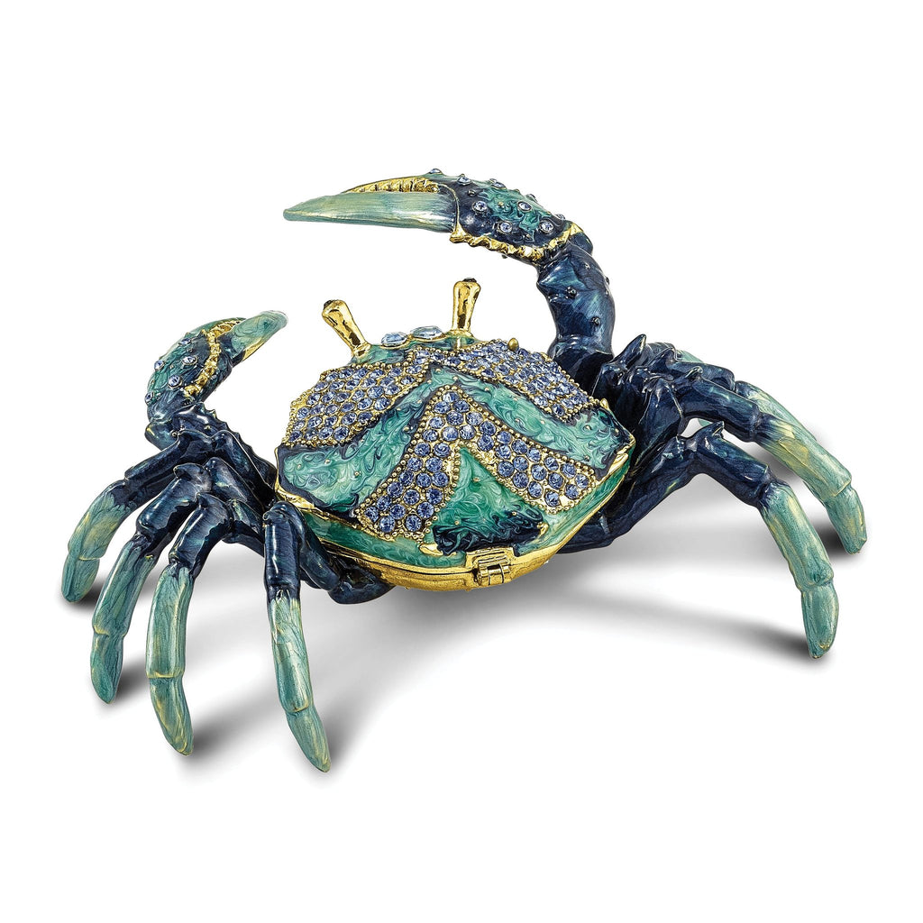 Luxury Giftware by Jere Pewter Bejeweled Crystals Gold-tone Enameled CHESAPEAKE Blue Crab Trinket Box with Matching 18 Inch Necklace