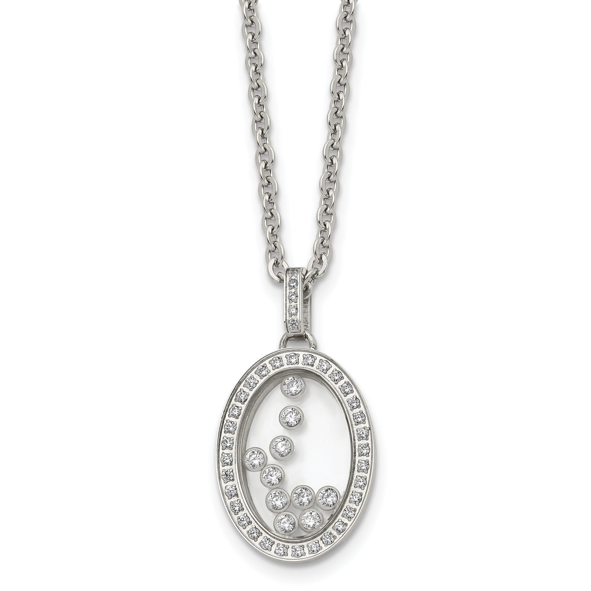 Stainless Steel Polished w/Moving CZ Floating in Glass Oval 18in Necklace Main image