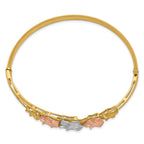 14K Tri-Color Gold Plumeria Bangle with Hinged Diamond-Cut Design