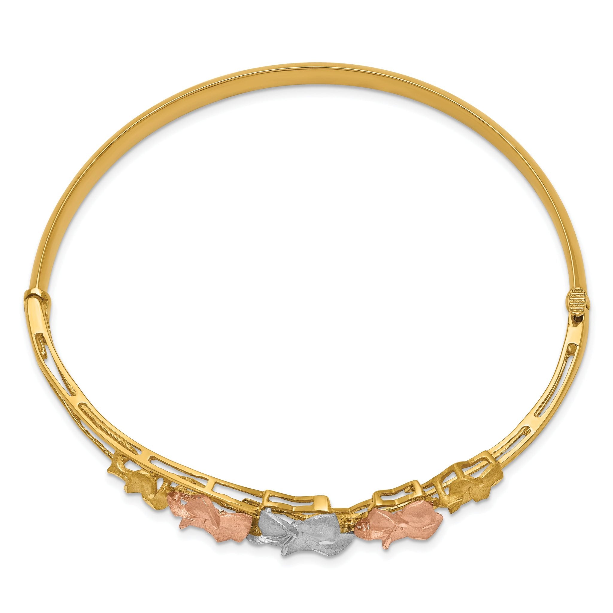 14K Tri-Color Gold Plumeria Bangle with Hinged Diamond-Cut Design