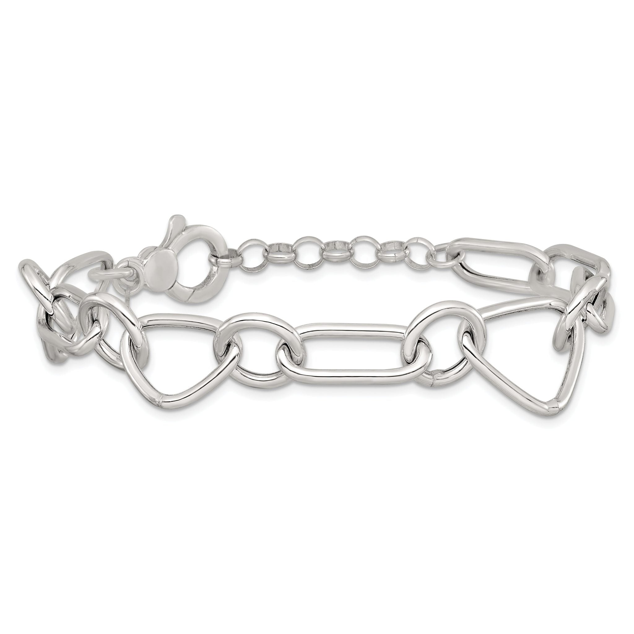Sterling Silver Polished Triangle Round and Oval Link 8 inch with 1 inch extender Bracelet