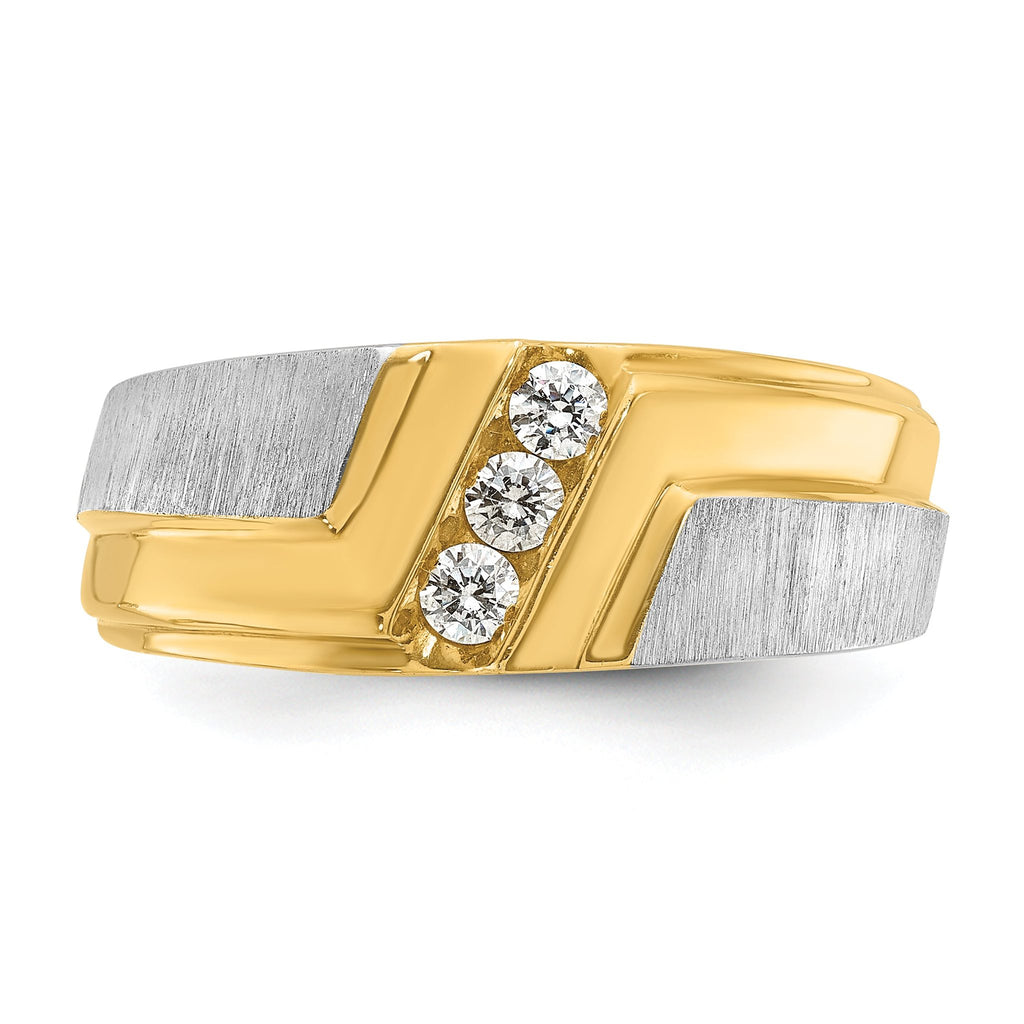 14k Two-tone Men's Polished Satin and Grooved 3-Stone 1/4 Carat AA Quality Diamond Ring
