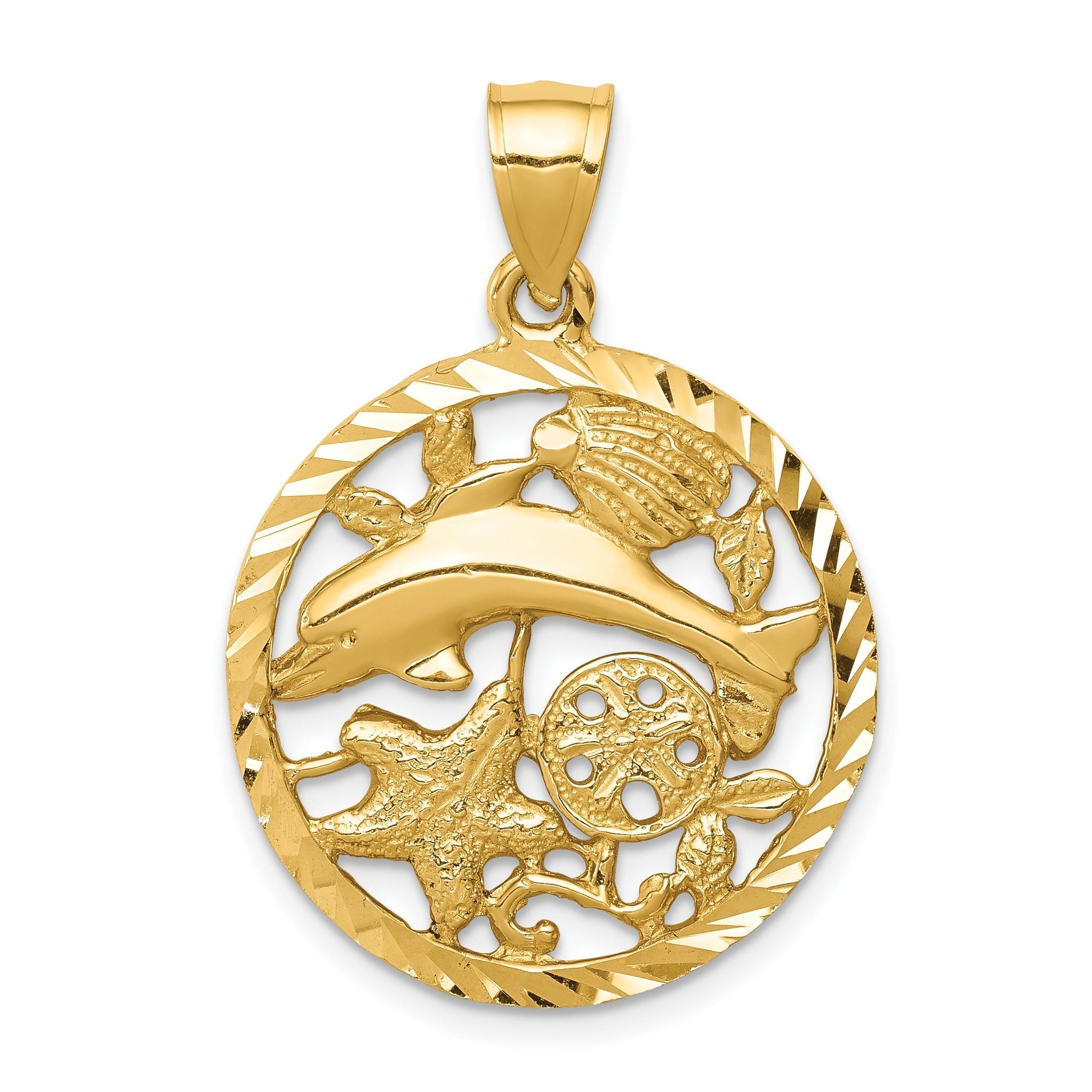 14K Diamond-cut Dolphin and Shells Circle Pendant Main image