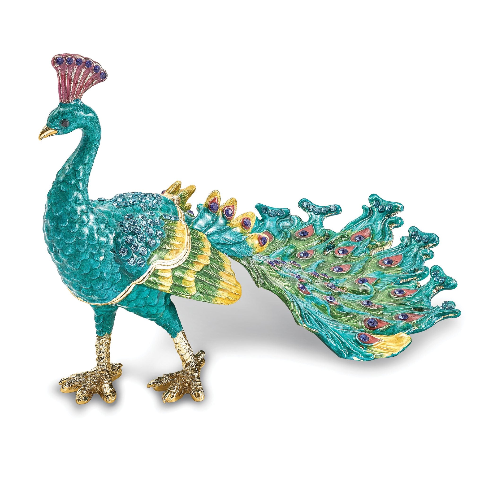 Luxury Giftware by Jere Pewter Bejeweled Crystals Gold-tone Enameled TAYLOR Blue Peacock Trinket Box with Matching 18 Inch Necklace Main image