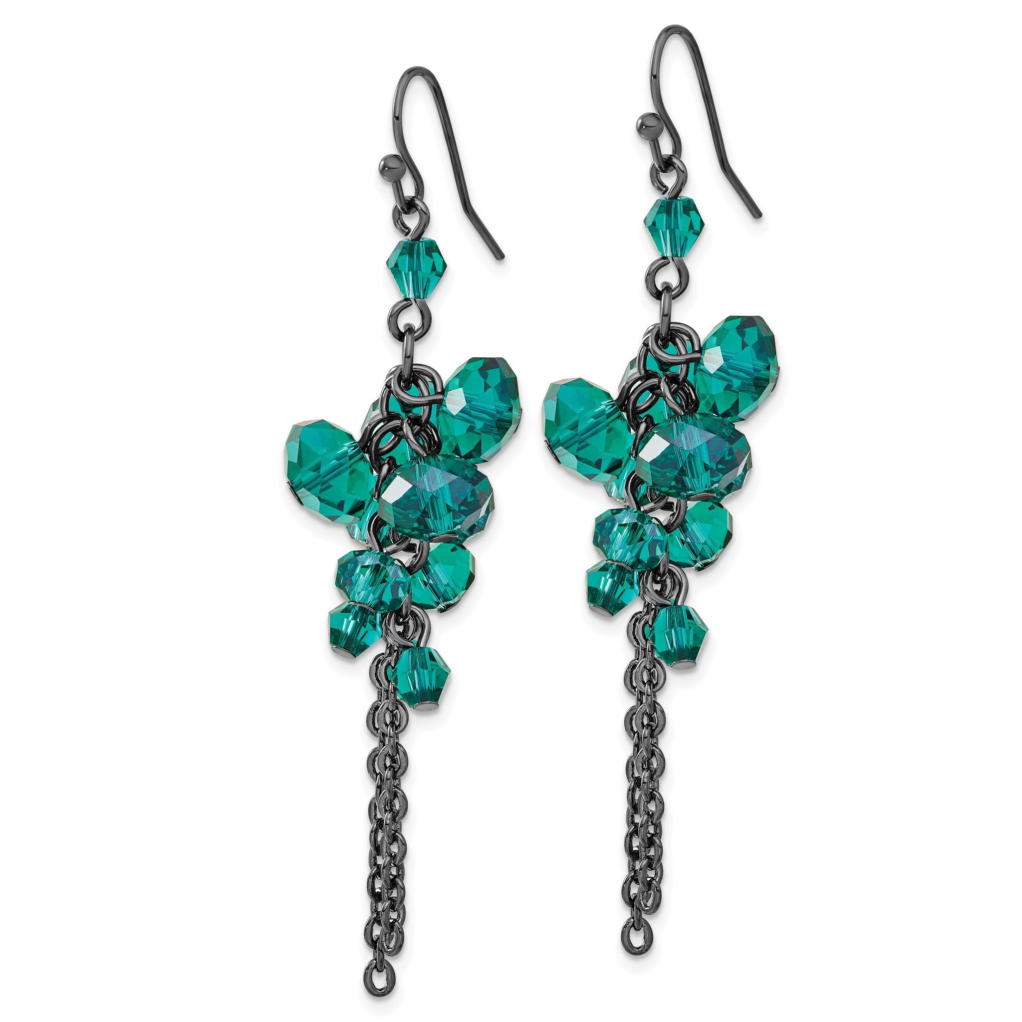 Dark Green Glass Bead Dangle Earrings in Black-Plated Fashion Metal Secondary image