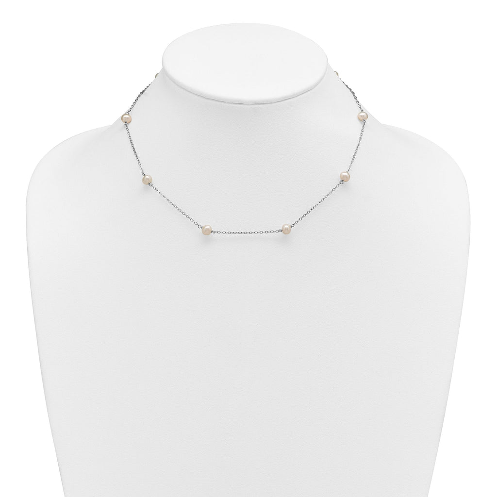 Sterling Silver Rhodium-plated 5-6mm White Near-Round Freshwater Cultured Pearl 8-Station 16 inch Necklace