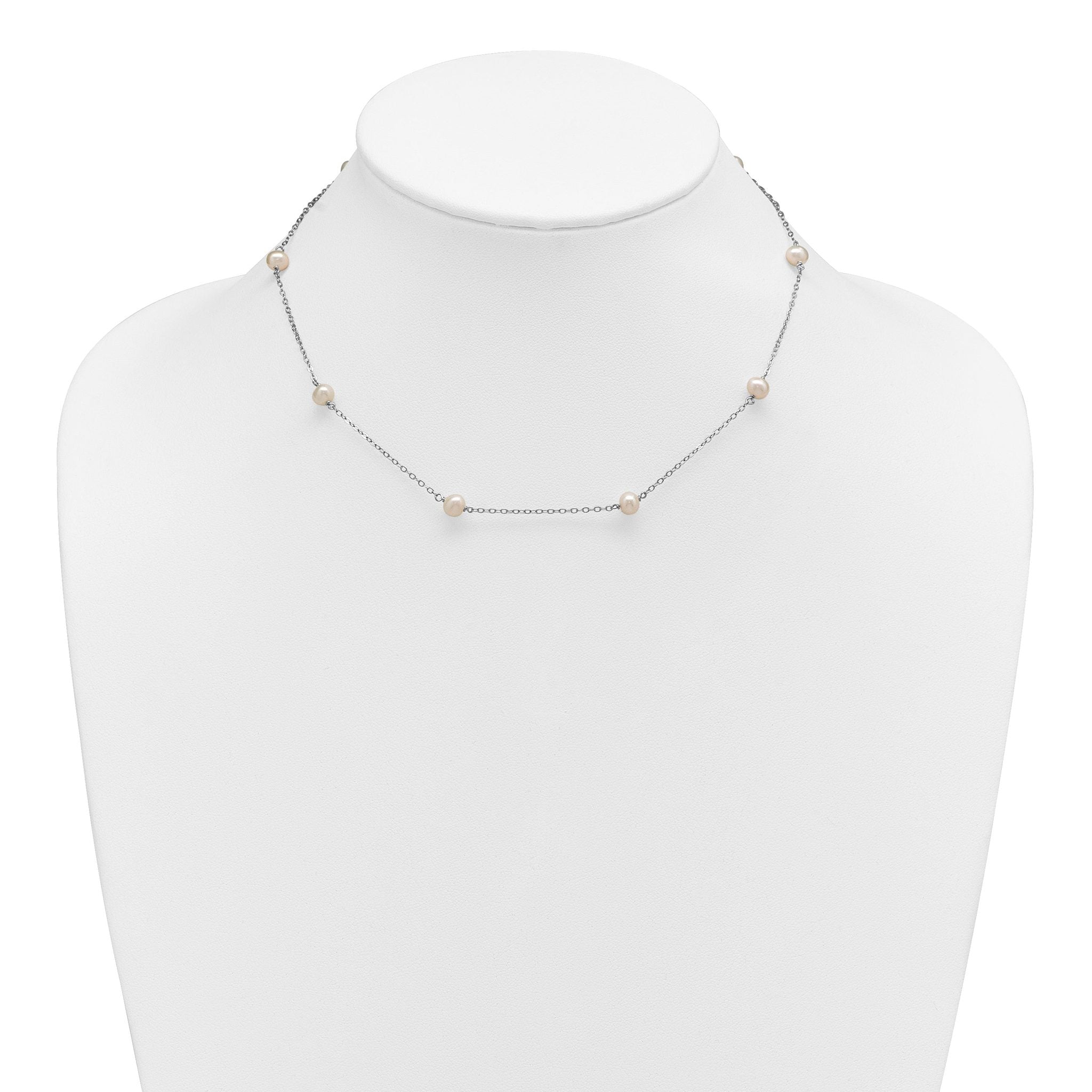 Sterling Silver Rhodium-plated 5-6mm White Near-Round Freshwater Cultured Pearl 8-Station 16 inch Necklace