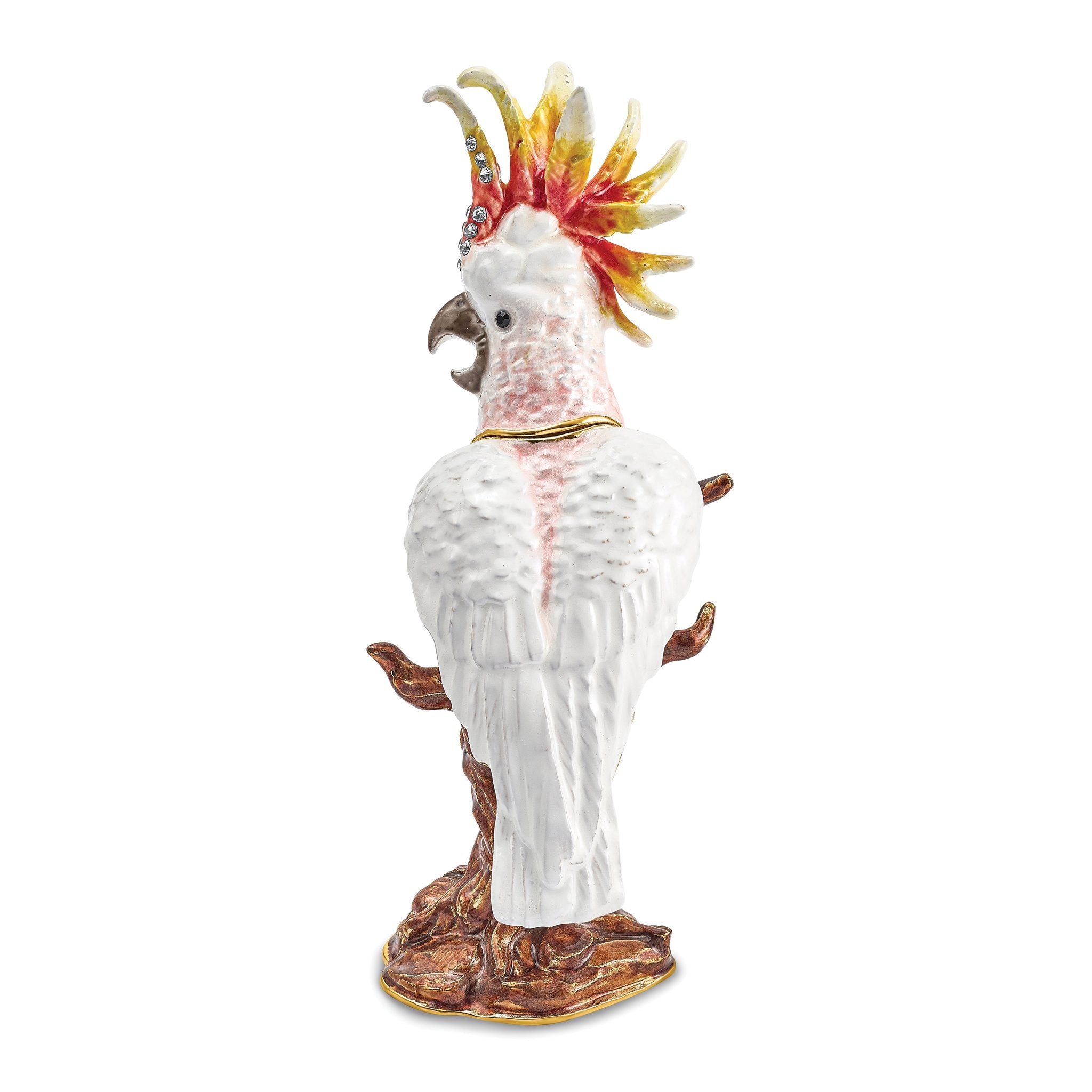 Luxury Giftware by Jere Pewter Bejeweled Crystals Gold-tone Enameled CARMEN Cockatoo Trinket Box with Matching 18 Inch Necklace