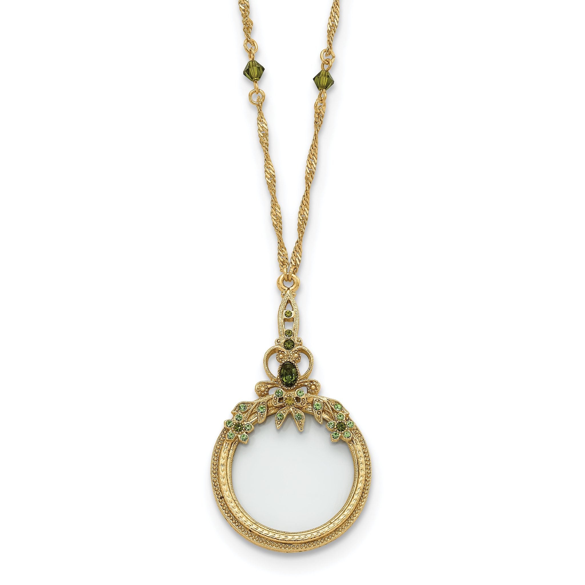 1928 Jewelry Burnished Brass-tone Light and Dark Green Crystal 2X Magnifying Glass 30 inch Vintage Necklace Main image