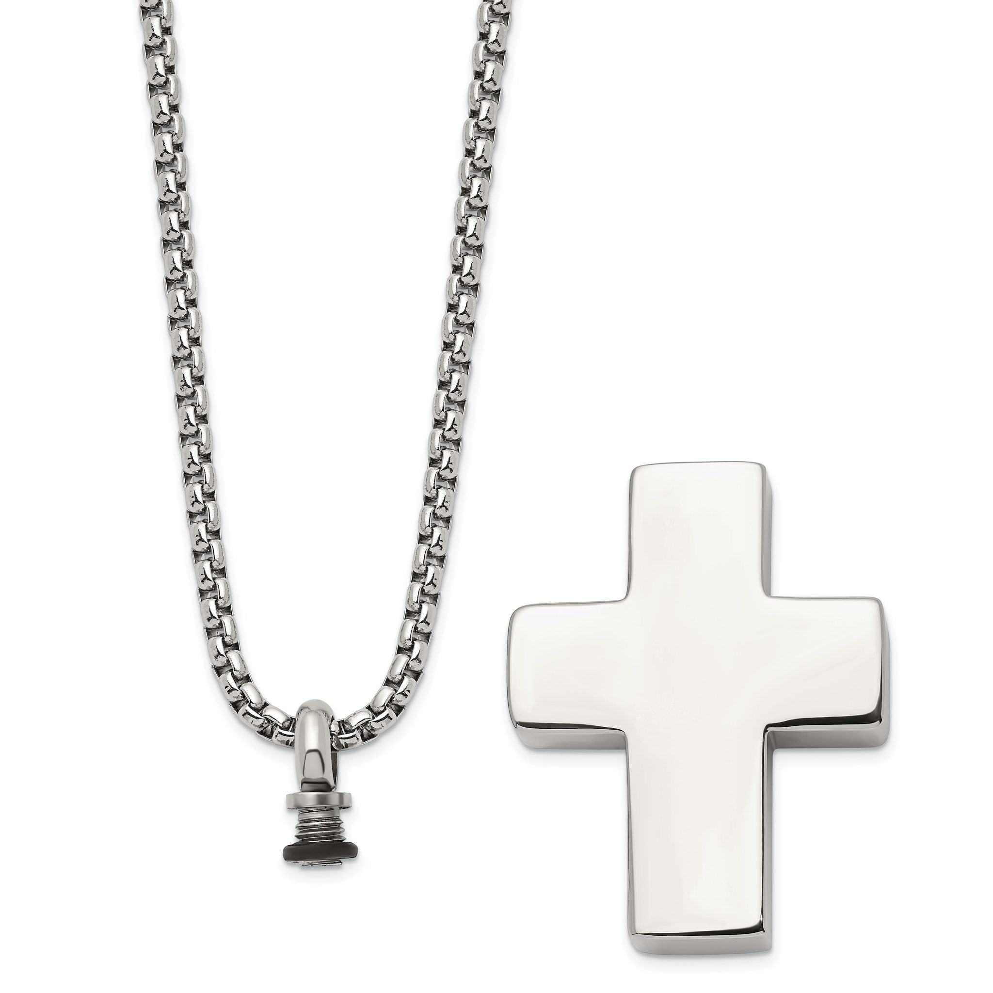 Chisel Stainless Steel Brushed and Polished Reversible Cross Ash Holder on a 24 inch Box Chain Necklace Secondary image