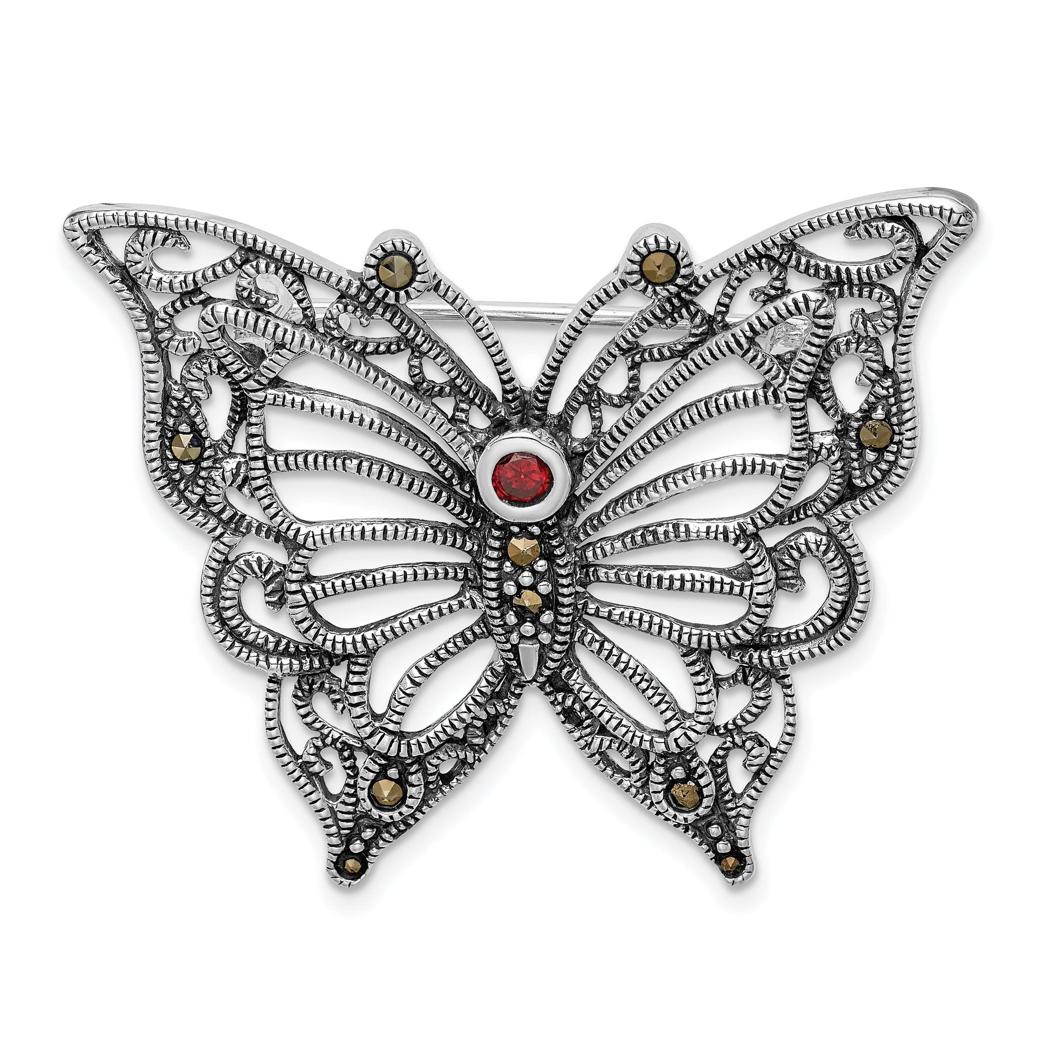 Sterling Silver 925 Red CZ Butterfly Pin with Rhodium Finish Main image
