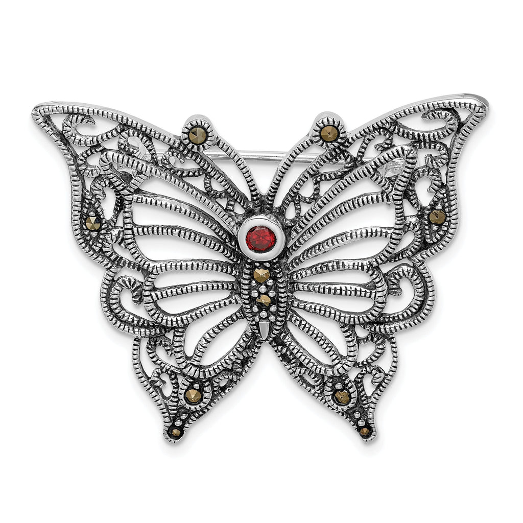 Sterling Silver 925 Red CZ Butterfly Pin with Rhodium Finish