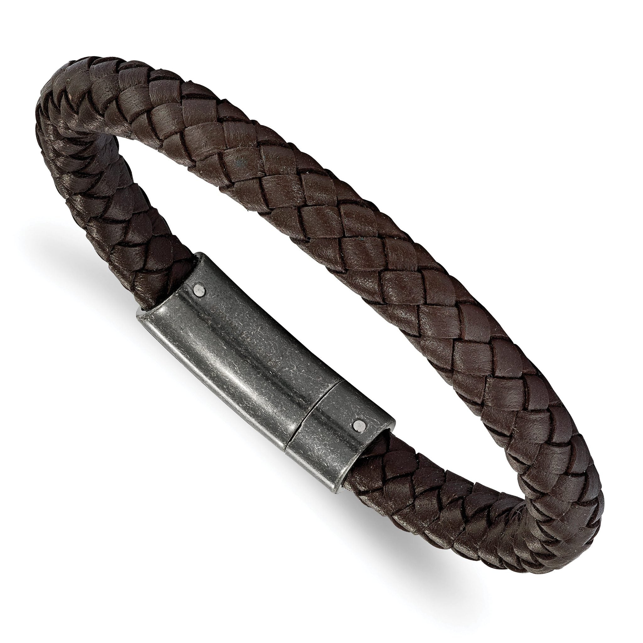Stainless Steel Brushed Brown Braided Leather Bracelet for Men Main image