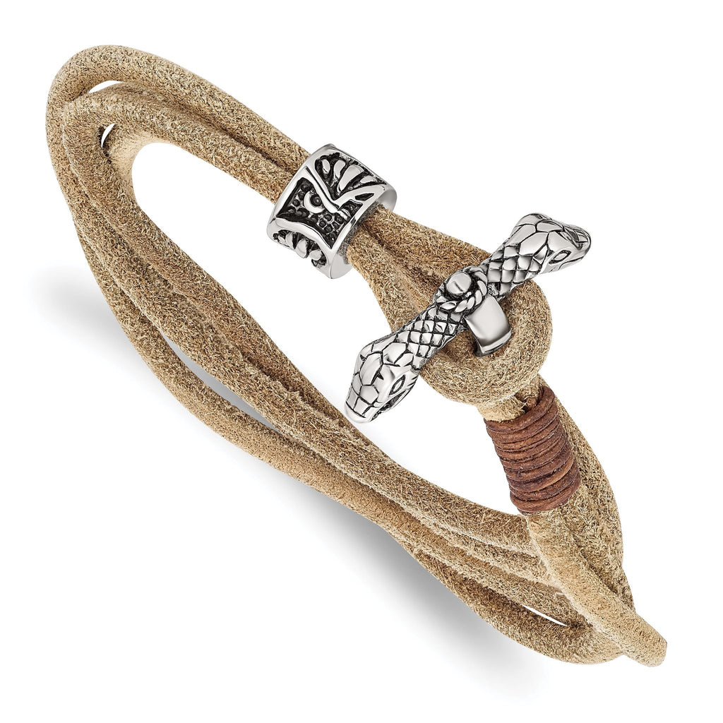 Stainless Steel Antiqued and Polished Snake Heads Tan Leather Wrap Bracelet