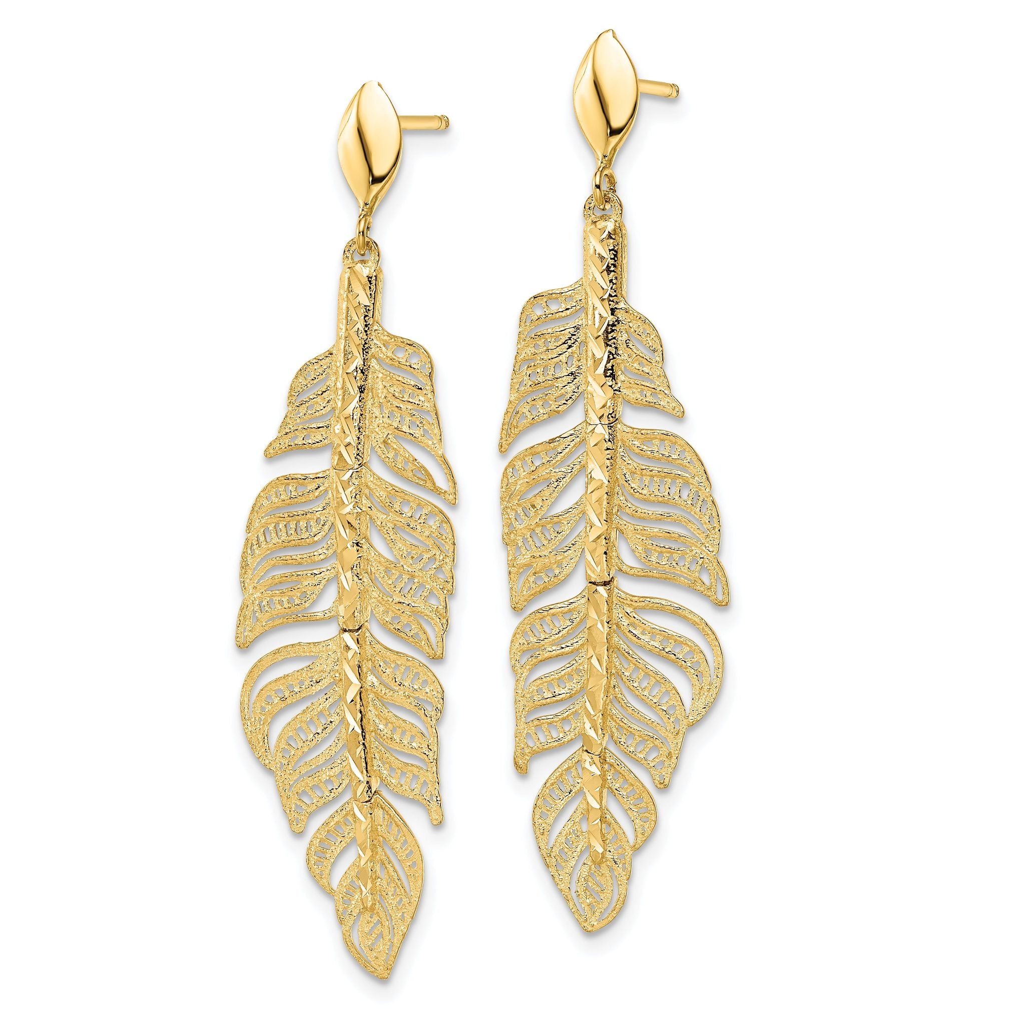 14k Polished D/C Textured Leaf Post Dangle Earrings Secondary image