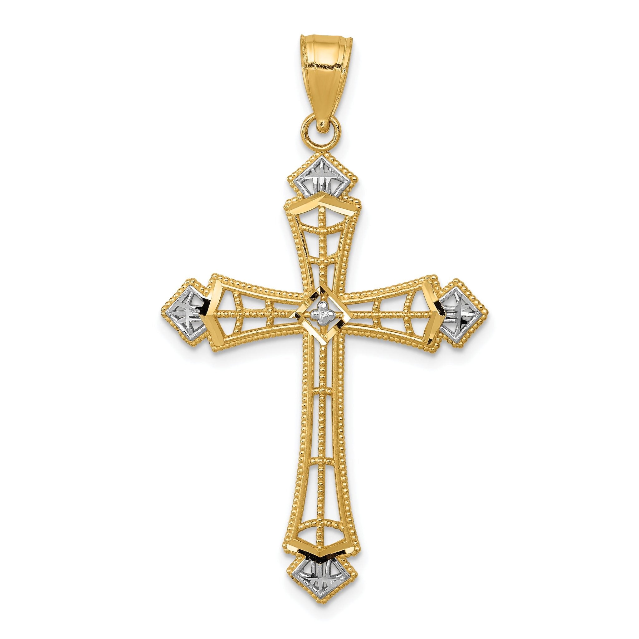 14K Gold Diamond-Cut Cross Pendant with Rhodium Accents Polished Finish Main image