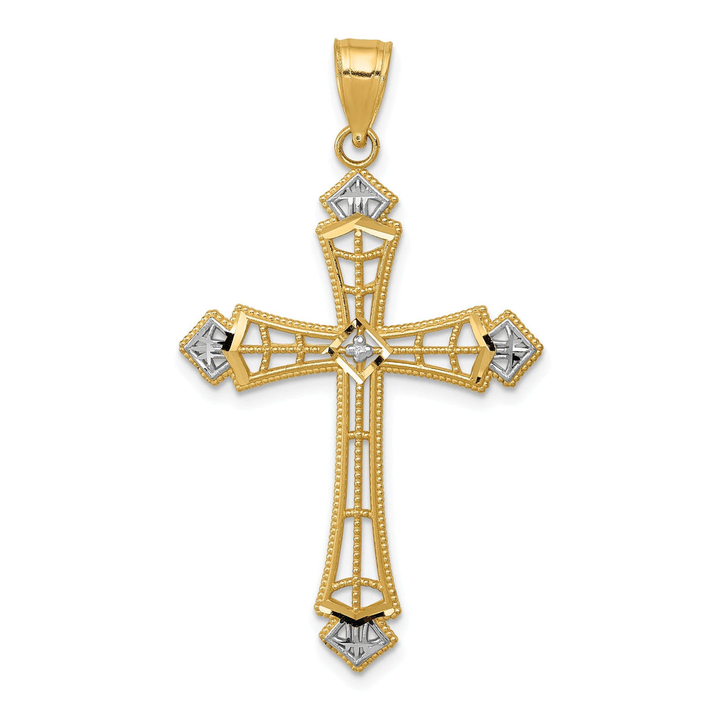 14K Gold Diamond-Cut Cross Pendant with Rhodium Accents Polished Finish