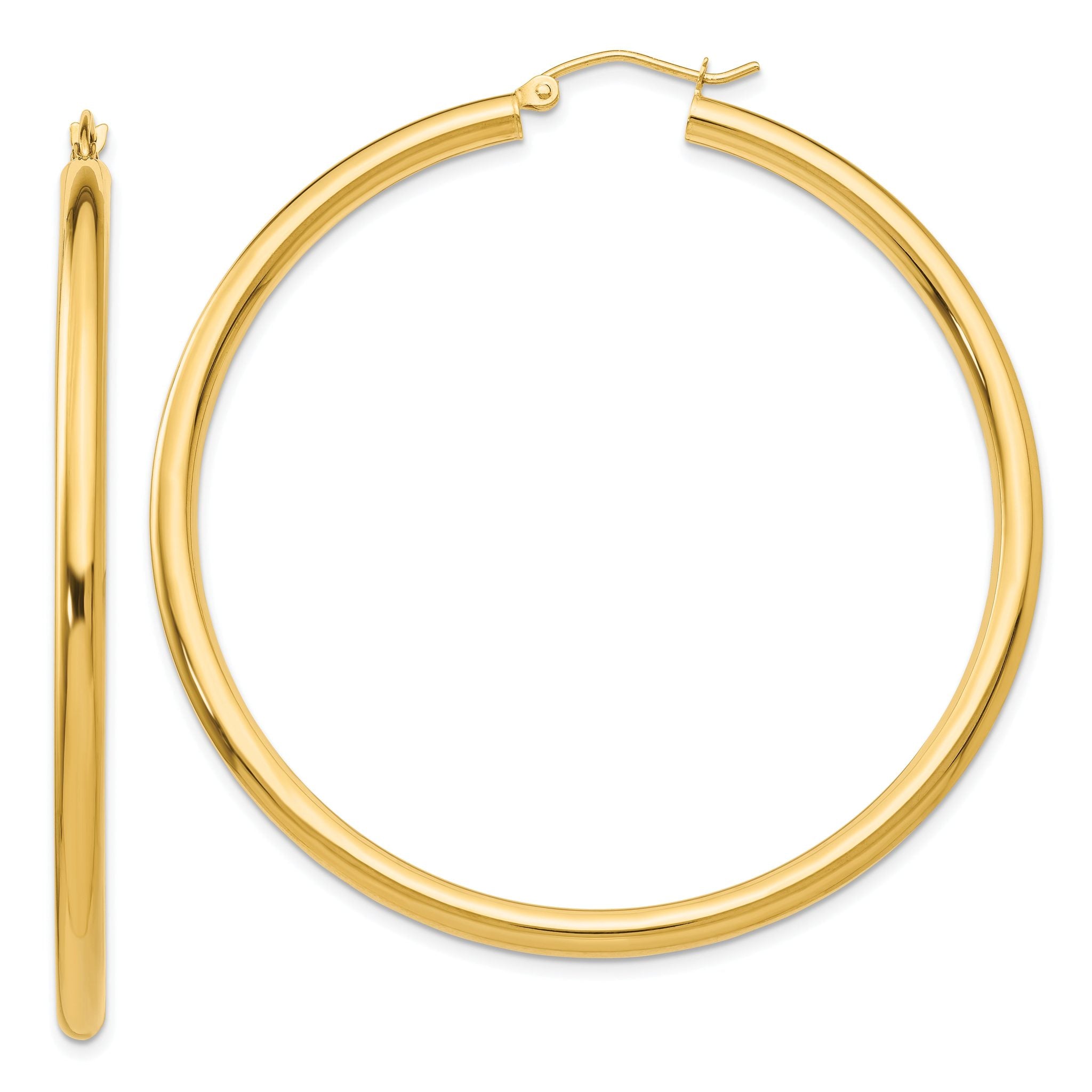 10K Gold Polished Hoop Earrings 3mm Tube with Wire Clasp Elegant 50mm Main image
