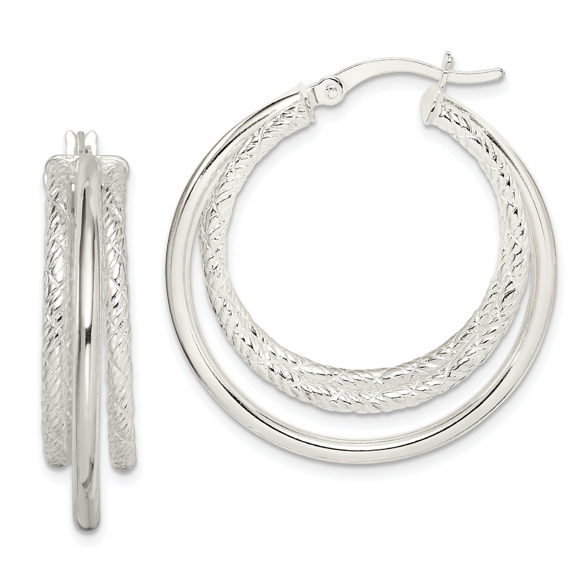 Sterling Silver Textured and Polished Triple Hoop Earrings Main image
