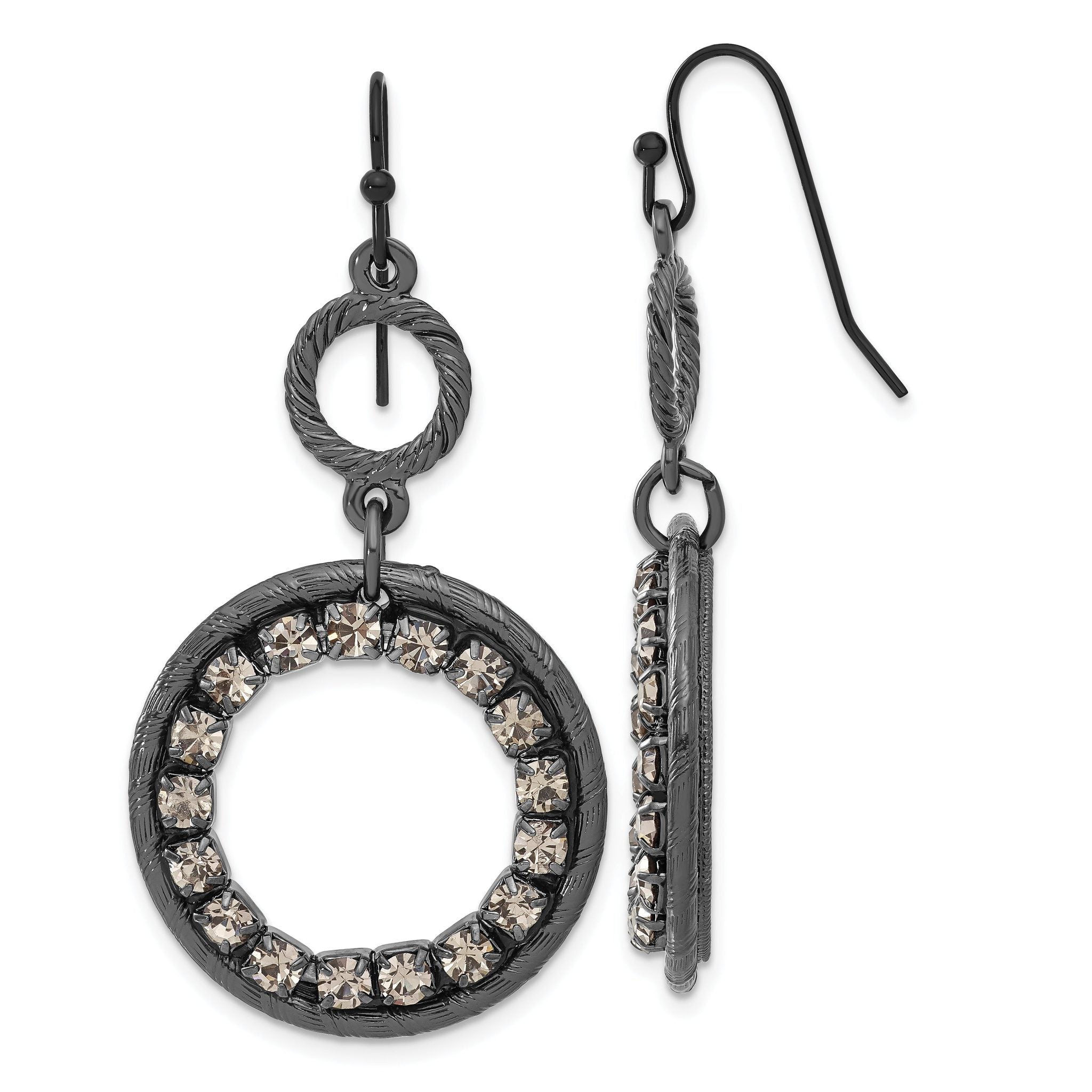Smoky Crystal Circle Dangle Earrings in Black-Plated Fashion Metal