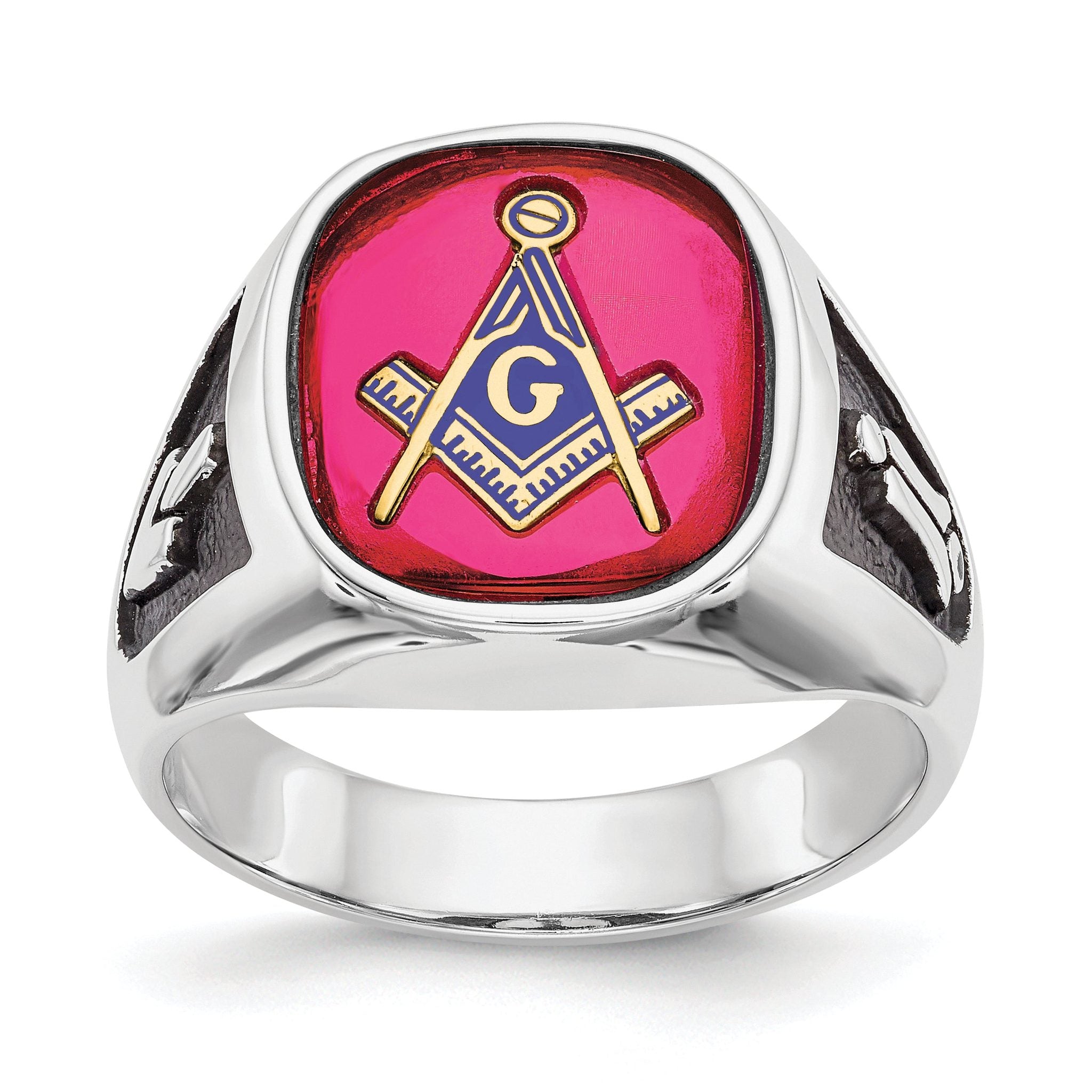 14k White Gold Men's Polished and Textured with Black Enamel and Lab Created Ruby Masonic Ring Main image