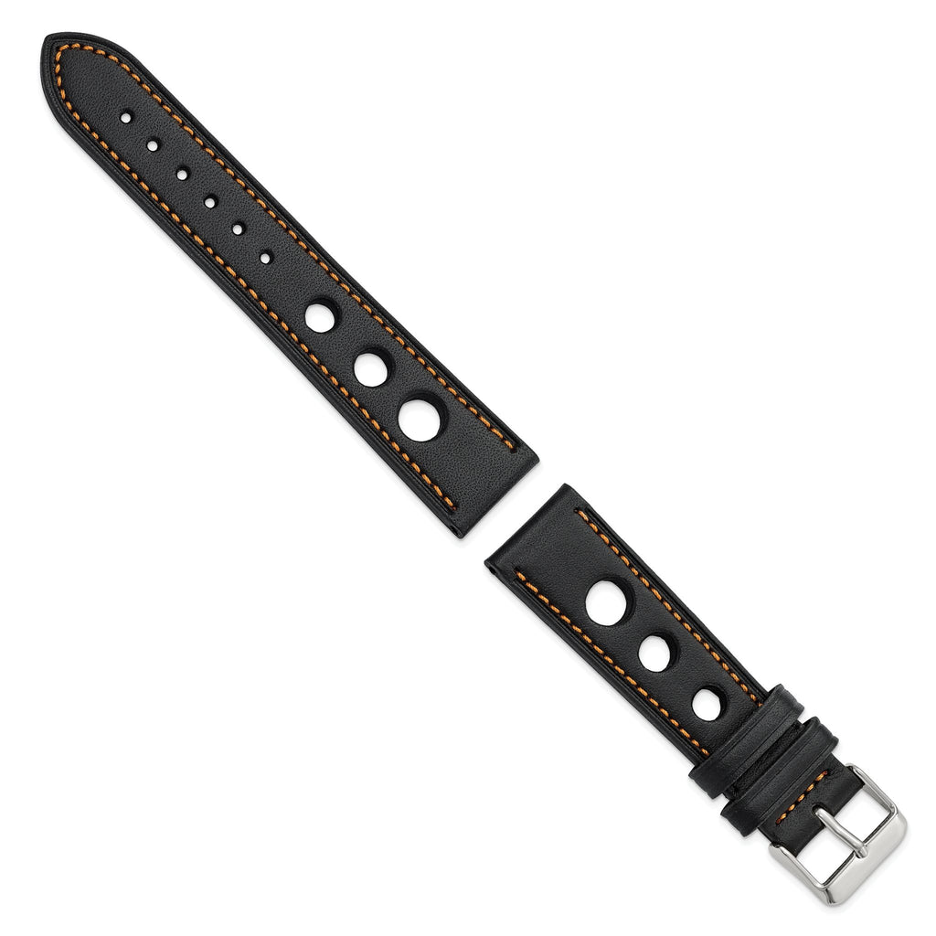 Grand Prix Leather Watch Band in Black with Orange Stitching, 24mm